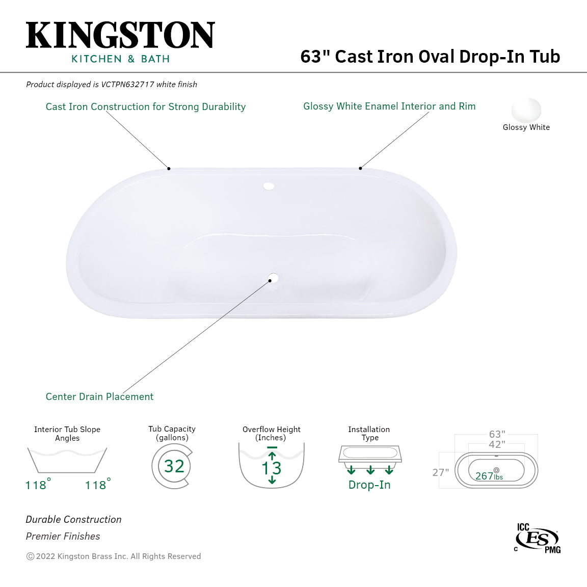 Aqua Eden 63 Inch White Cast Iron Oval Drop-In Bathtub with Center Drain - Perfect for Luxurious Spa Baths & Modern Bathroom Renovations
