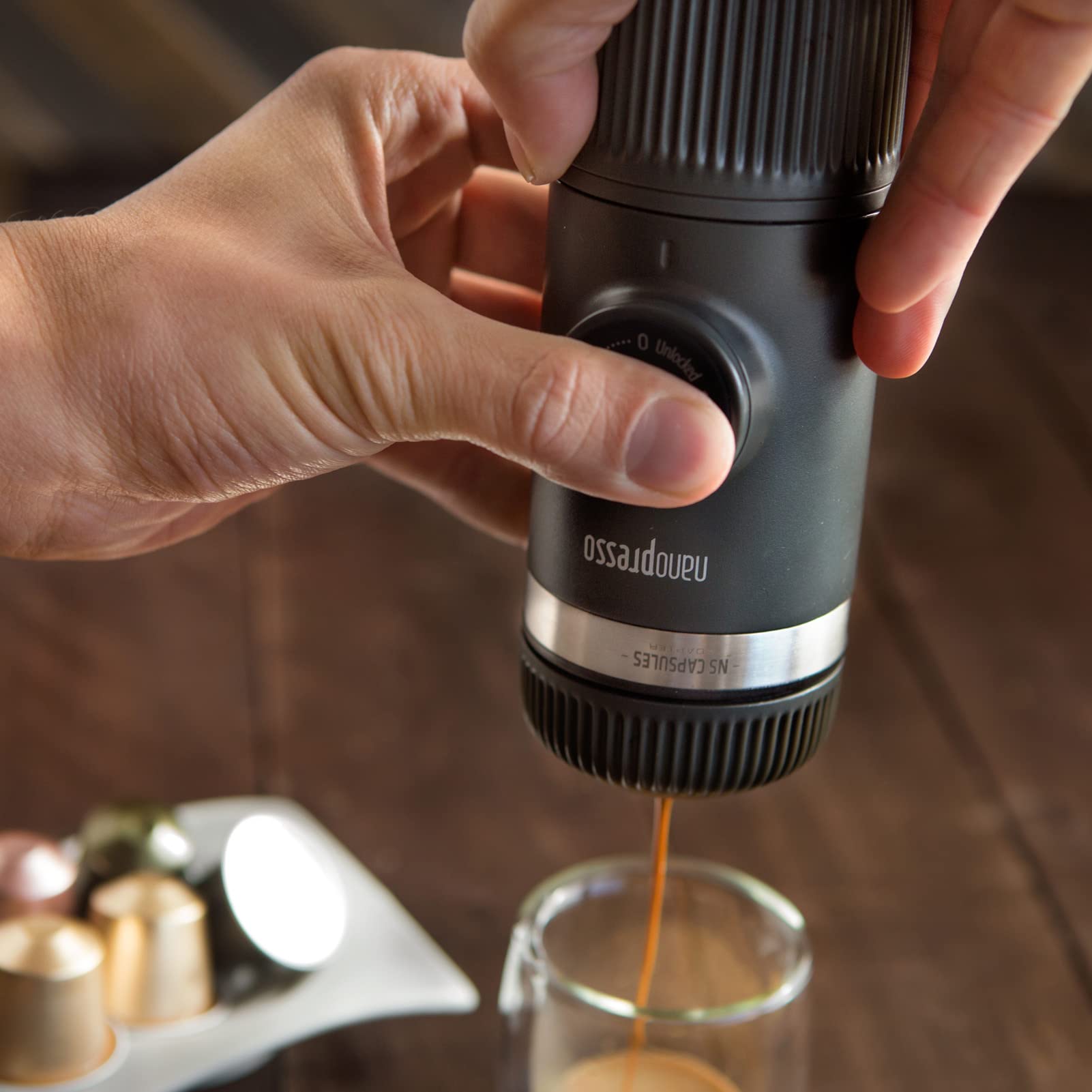 WACACO Nanopresso Portable Espresso Maker with NS Adapter - Hand Pump Travel Coffee Machine for Nespresso Capsules & Ground Coffee - Perfect for Camping, Hiking & Outdoor Adventures