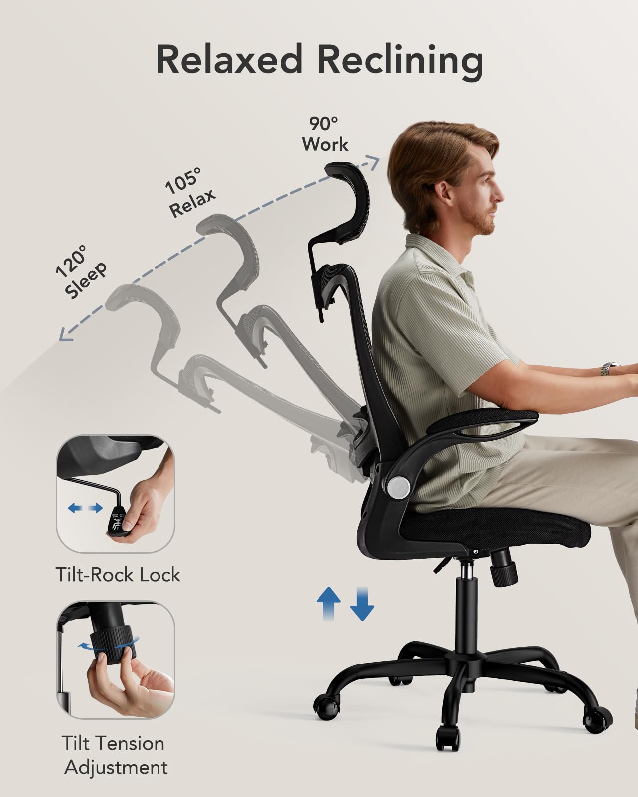 Ergonomic Office Chair with Adjustable Lumbar Support & Headrest - High Back Mesh Computer Chair with Flip-Up Armrests & Wheels for Home Office, Executive Workspace & Gaming Setup