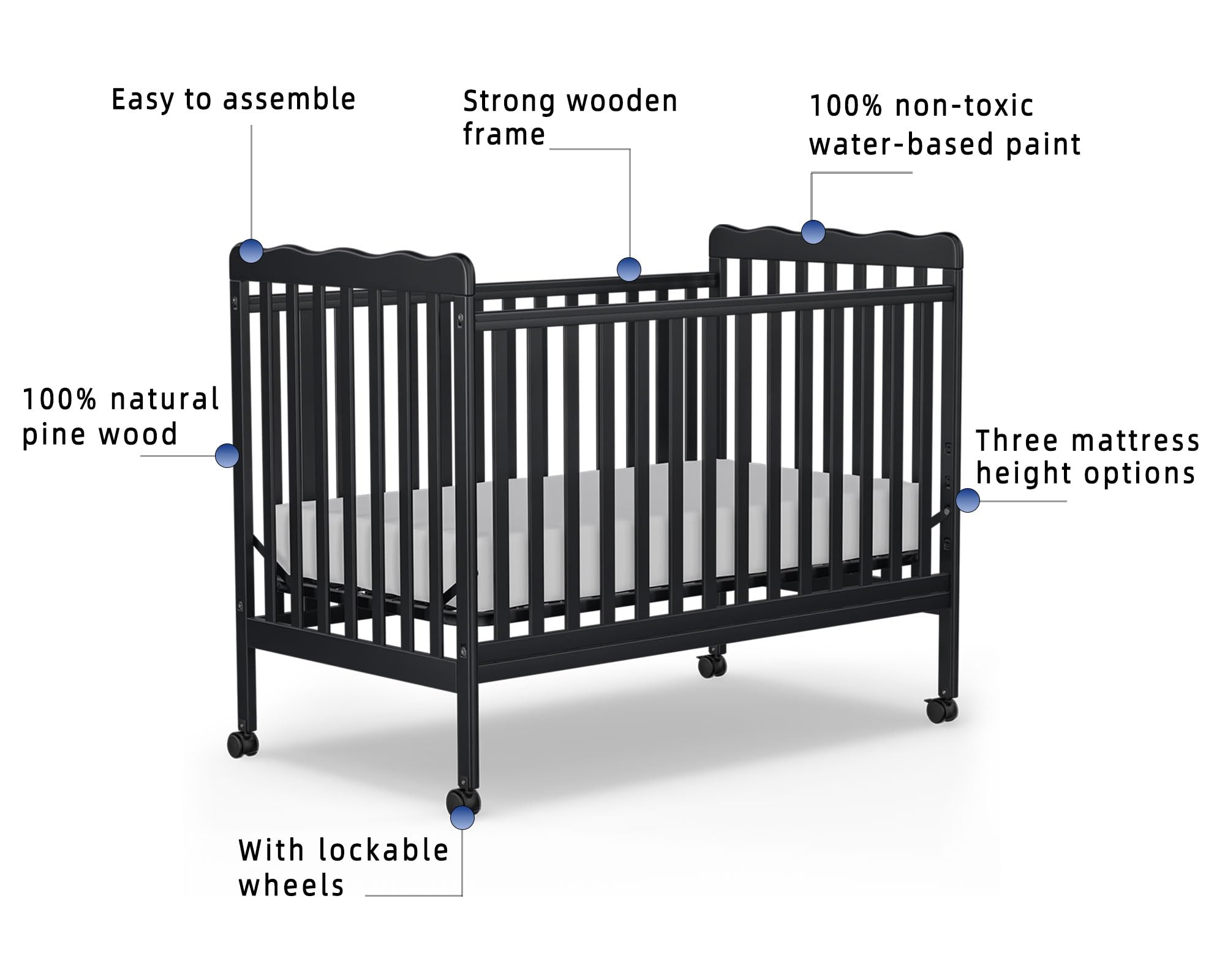 3-in-1 Convertible Baby Crib to Toddler Bed - Full Size Wooden Nursery Furniture with Locking Wheels & Non-Toxic Finish (Black) | Safe & Stylish Sleeping Solution for Newborns, Infants & Toddlers | Perfect for Daycare Centers & Home Nurseries