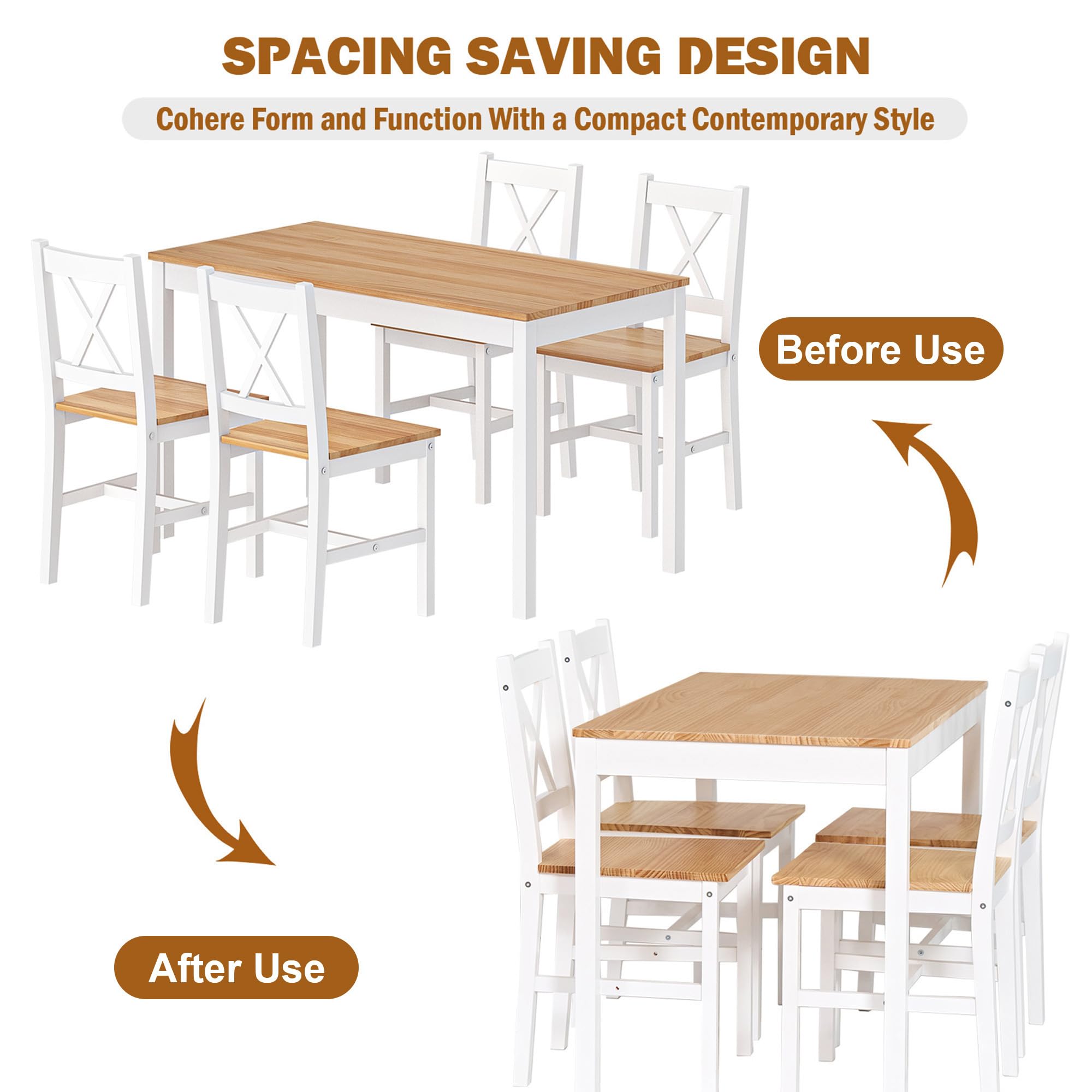 Soges 5-Piece White & Oak Dining Table Set - 47.2 Inch Pine Wood Rectangular Kitchen Table with 4 Chairs - Perfect for Small Kitchens, Dining Rooms, and Breakfast Nooks