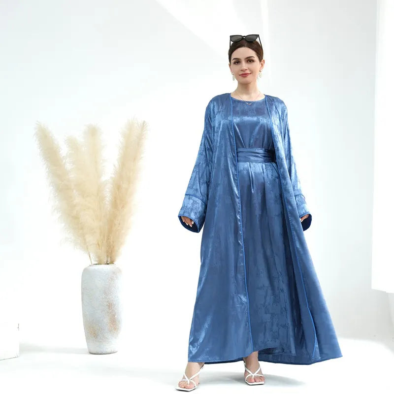 Elegant Jacquard Satin 2-Piece Muslim Women's Open Abaya Dress Set - Perfect for Prayer, Eid, and Special Occasions