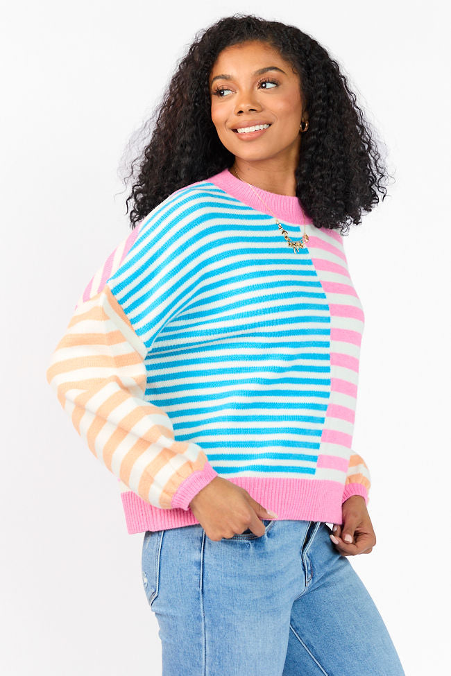 Stylish Blue Pink Orange Multi-Color Block Striped Sweater for Women | Trendy Casual Knit Pullover | Perfect for Fall Winter Outfits & Cozy Layering