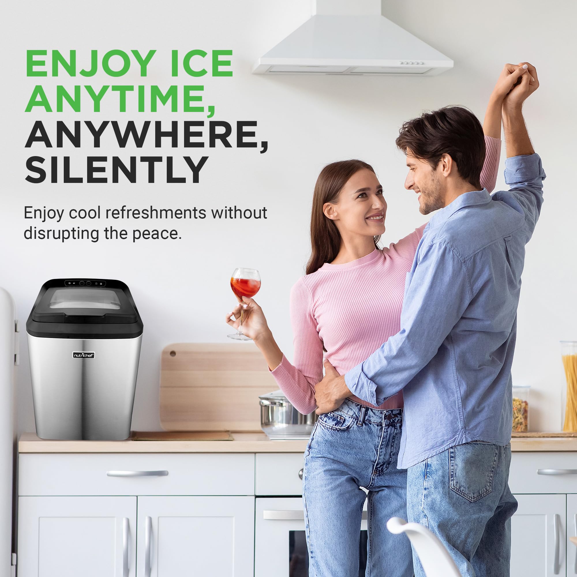 NutriChef Countertop Nugget Ice Maker Machine - Fast & Compact Electric Ice Maker with Ice Scoop & Basket, Rear Drain Hose - Perfect for Home, Office, Party & Outdoor Use - NCICNUG