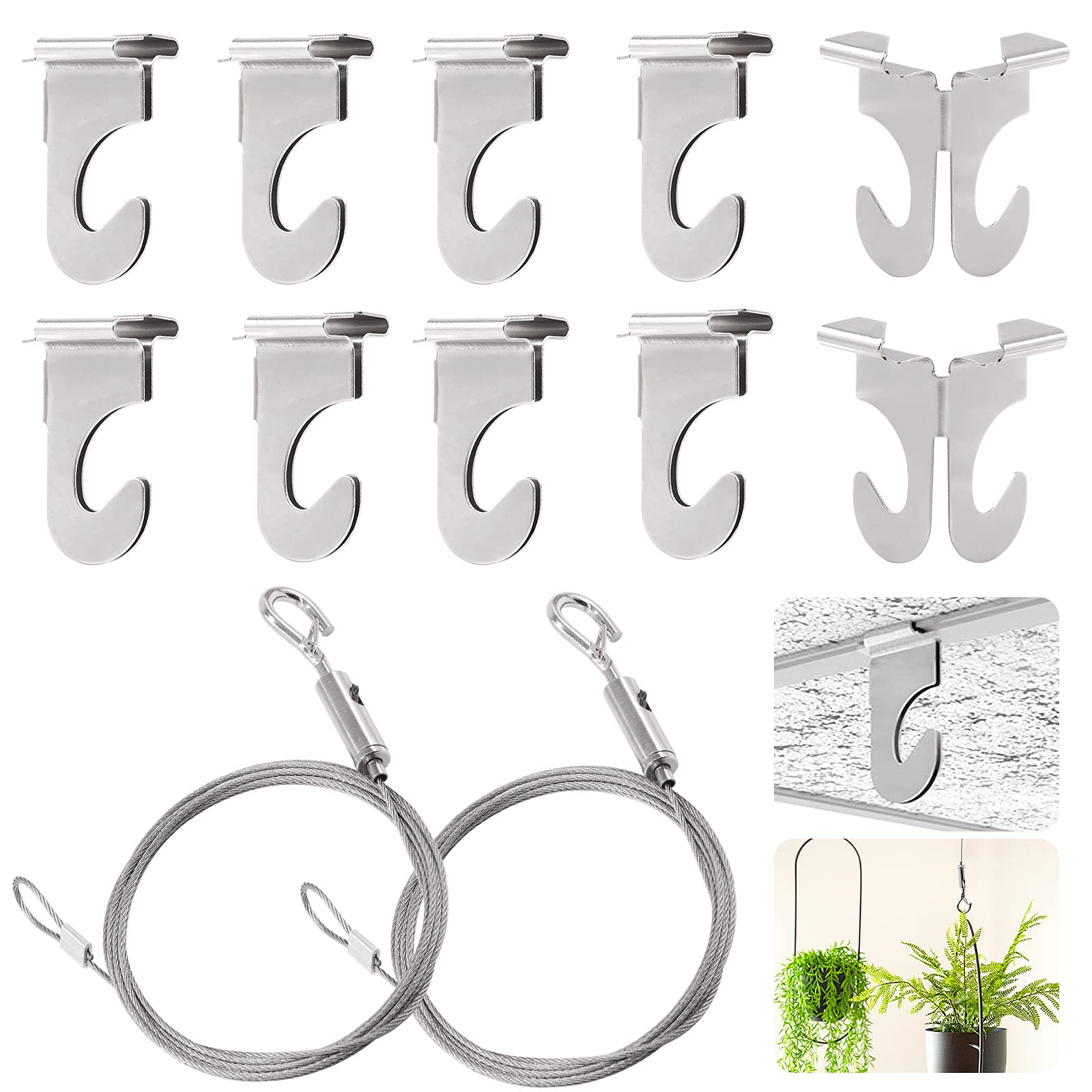 12 Pack Heavy Duty Stainless Steel Drop Ceiling Hooks with Hanging Rope Wire - T-Bar Tile Hangers for Plants, Signs, Lights - Perfect for Home, Office & Retail Display Organization