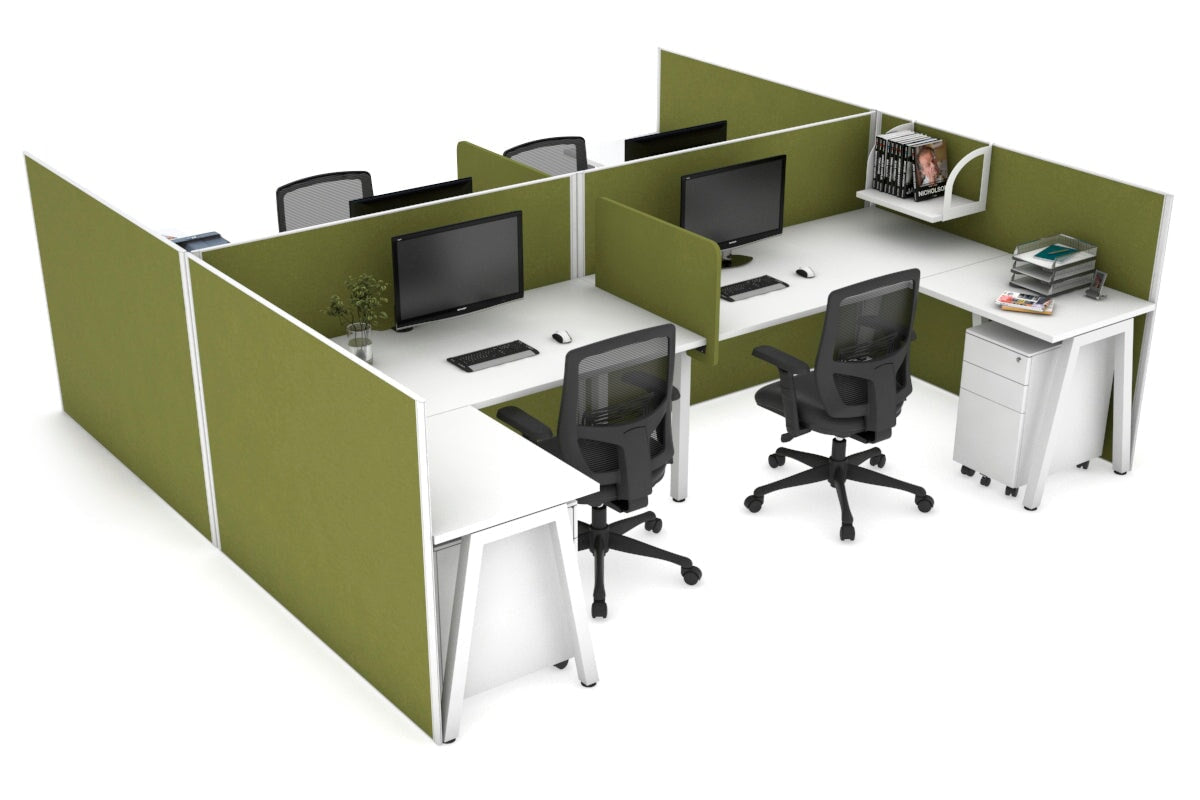 Quadro A Legs 4-Person Corner Workstation - H Configuration White Frame Office Desk (1800L x 1800W with Cable Management) for Collaborative Workspaces & Team Offices