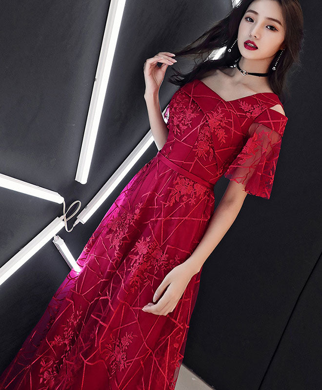 Elegant Burgundy Tulle Lace Long Prom Dress - Formal Evening Gown for Homecoming, Wedding, Quinceañera & Special Occasions