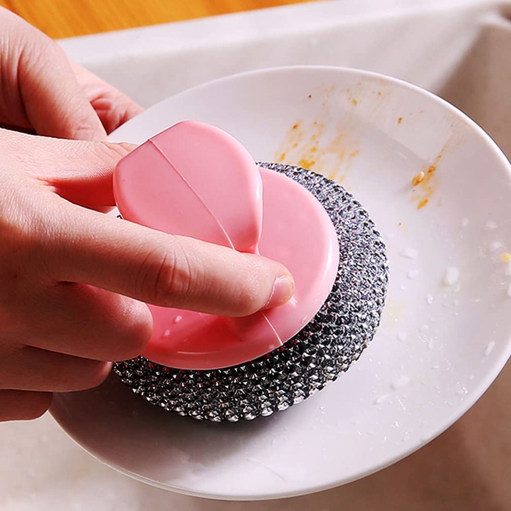 8-Pack Cabilock Stainless Steel Scrubber Balls with Plastic Handle - Heavy Duty Dish Scrubber for Pots, Pans & Cookware - Kitchen Cleaning Brush for Tough Stains, Burnt Food & Grease (Perfect for Grill Grates, Oven Racks & Baking Sheets)