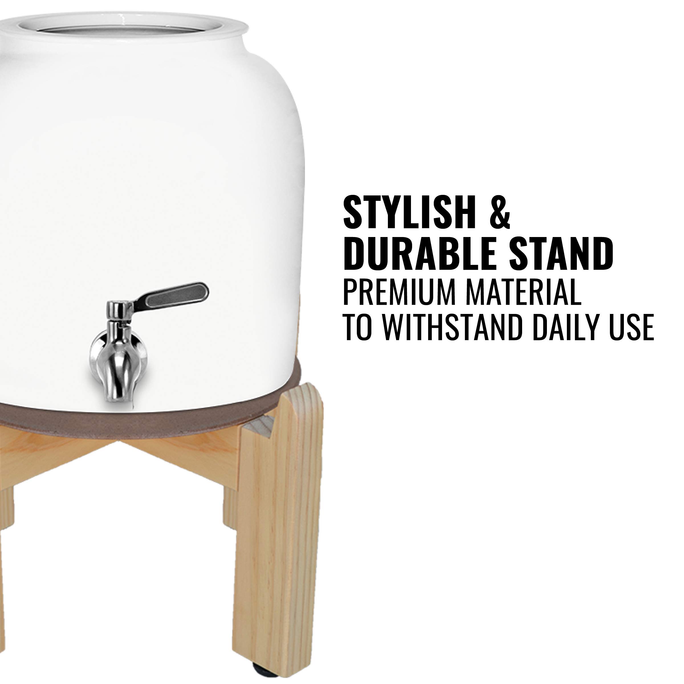 Geo Sports 8-Inch Porcelain Ceramic Water Dispenser with Wood Stand & Stainless Steel Faucet - 3 to 5 Gallon Jug Compatible - White - Perfect for Office, Kitchen, or Outdoor Use