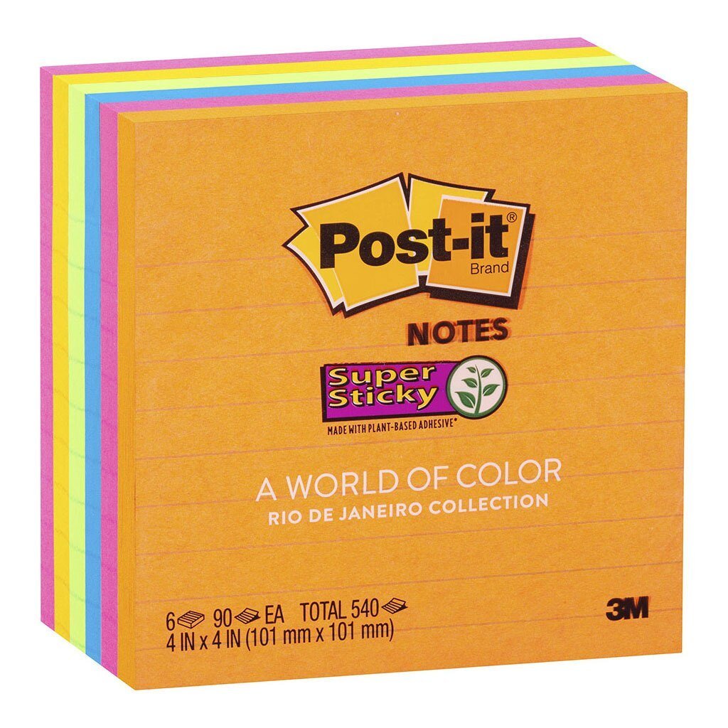 3M Super Sticky Post It Notes 4x4 Inches, 6 Pads with Lined Paper - 675 6SSUC - Perfect for Office, School & Home Organization, To-Do Lists & Reminders