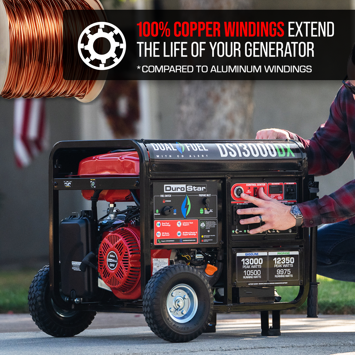 13,000W Dual Fuel Portable Generator with CO Alert - Gas & Propane Powered for Home Backup, Camping & Outdoor Power (EPA & CARB Compliant)