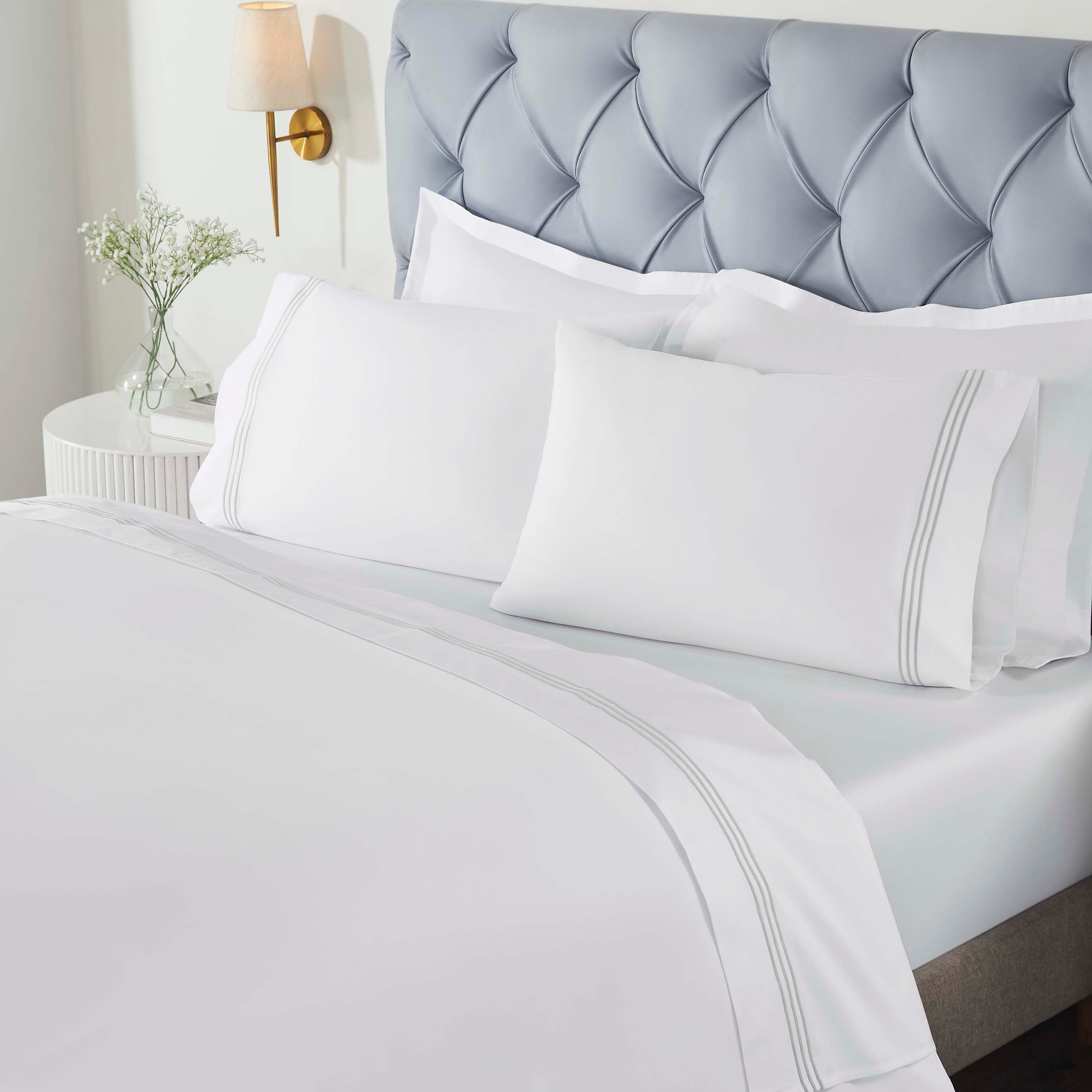 Brandon Cotton 3-Line Embroidered Deep Pocket Bed Sheet Set - Queen Size Soft Luxury Sheets for Bedroom, Hotel & Guest Room Comfort