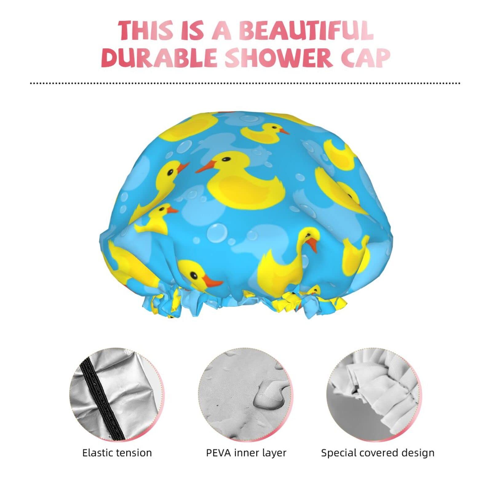 Waterproof Shower Cap for Women - Reusable PEVA Lined Shower Hat with Adjustable Elastic Band for Long Hair - Perfect for Bathing, Swimming & Hair Treatments (Blue Rubber Duck Design)