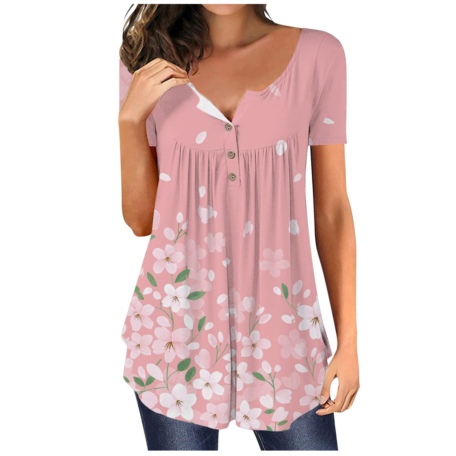 Women's Summer Short Sleeve Floral Print V-Neck Tunic Top - Business Casual Pleated Blouse for Office, Dating & Outdoor Activities
