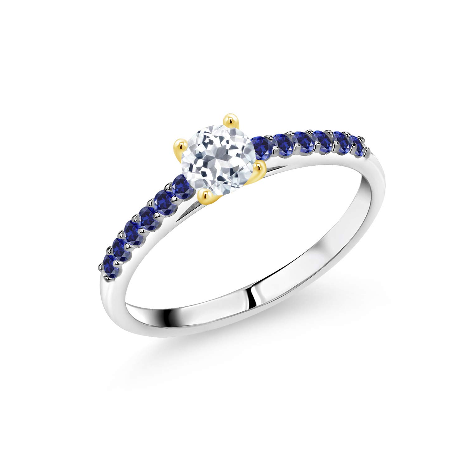 925 Sterling Silver Women's Engagement Ring with 10K White Gold Prongs - 5mm Round White Topaz & Blue Created Sapphire (0.84 CTTW) - Elegant Promise Ring for Proposals, Anniversaries & Special Occasions