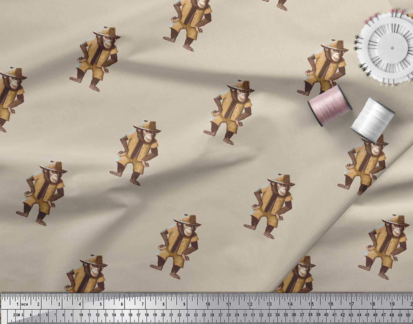 Soimoi Cotton Canvas Beige Fabric by The Yard - 42 Inch Wide Hat & Monkey Animal Print Fabric for DIY Crafts, Sewing Projects, Quilting, Home Decor, and Apparel Making - Playful Whimsical Design with Adorable Monkeys in Hats Printed on Durable Cotton Canvas Material