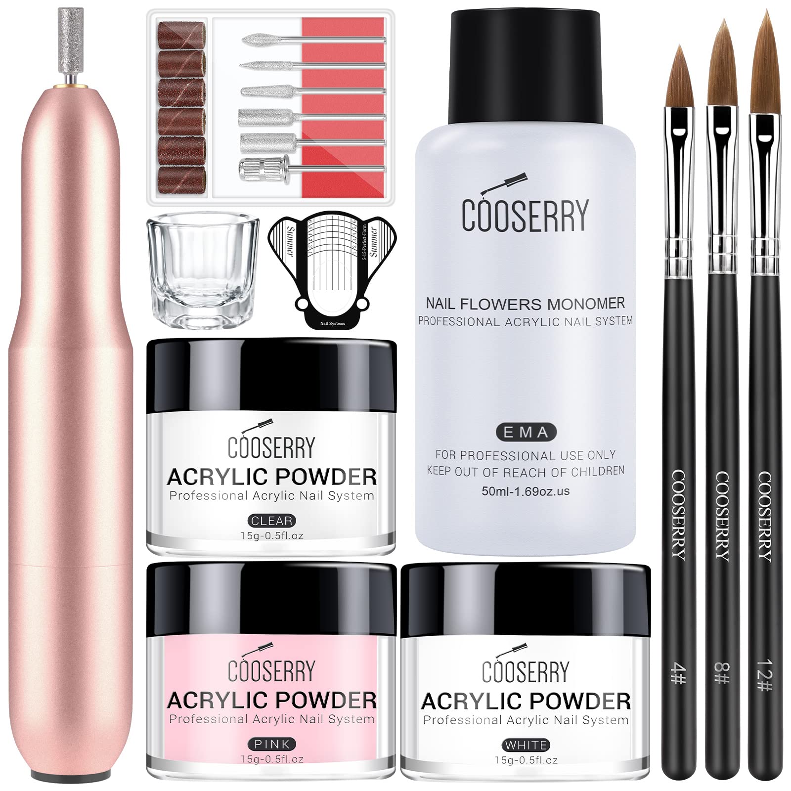Cooserry Professional Acrylic Nail Kit with Electric Drill - Complete Set with Acrylic Powder, Monomer Liquid & Nail Drill Bits for Salon-Quality Nail Extensions | Perfect for Home Manicures, DIY Nail Art & Professional Nail Designs