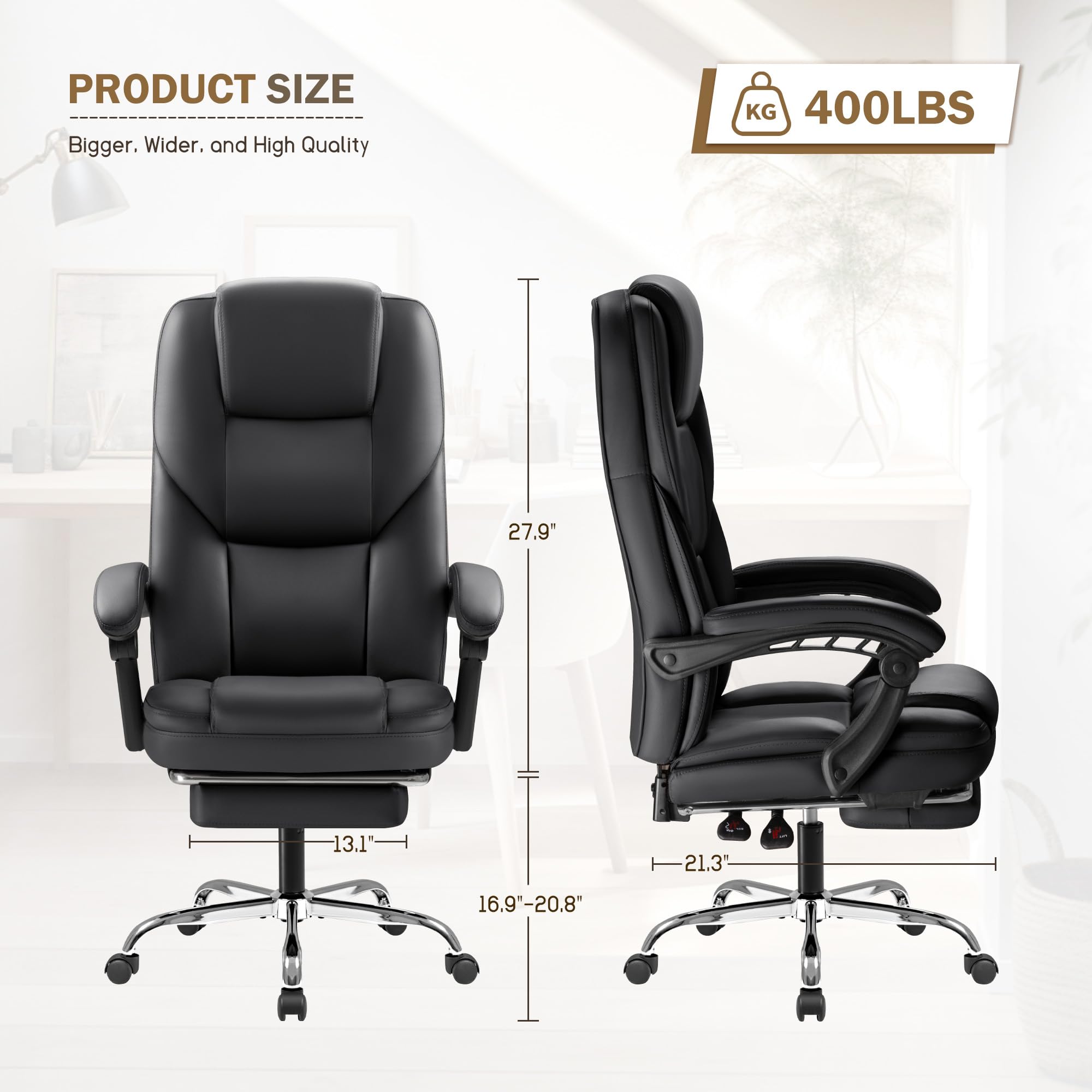 Furmax Ergonomic Executive Office Chair with Footrest - High Back Reclining Leather Desk Chair for Big & Tall - 400LBS Capacity, Lumbar Support - Perfect for Home Office & Gaming (Black)