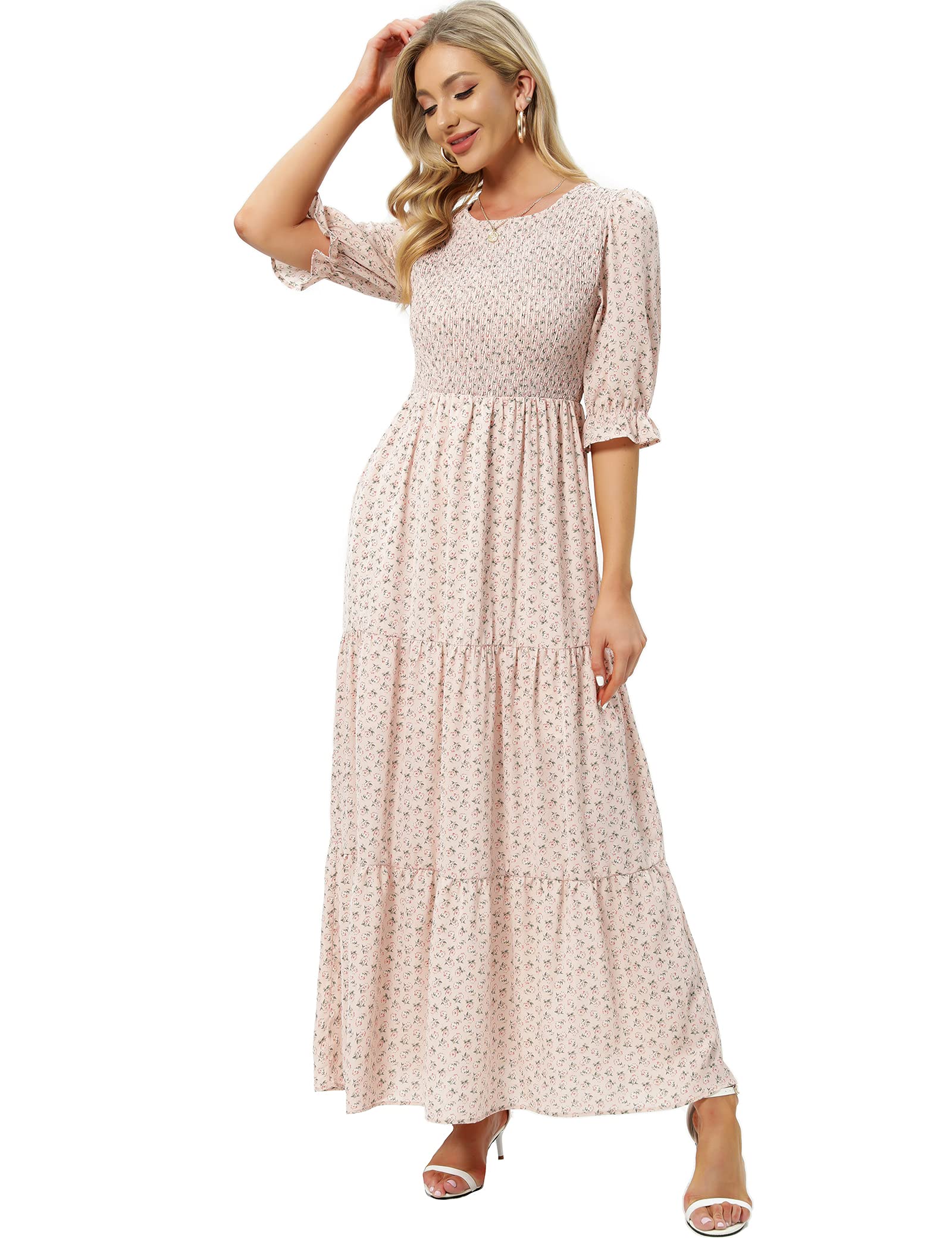Women's Summer Casual Half Sleeve Bohemian Floral Tiered Maxi Dress - Perfect for Beach Vacation, Music Festival & Boho Chic Outfits