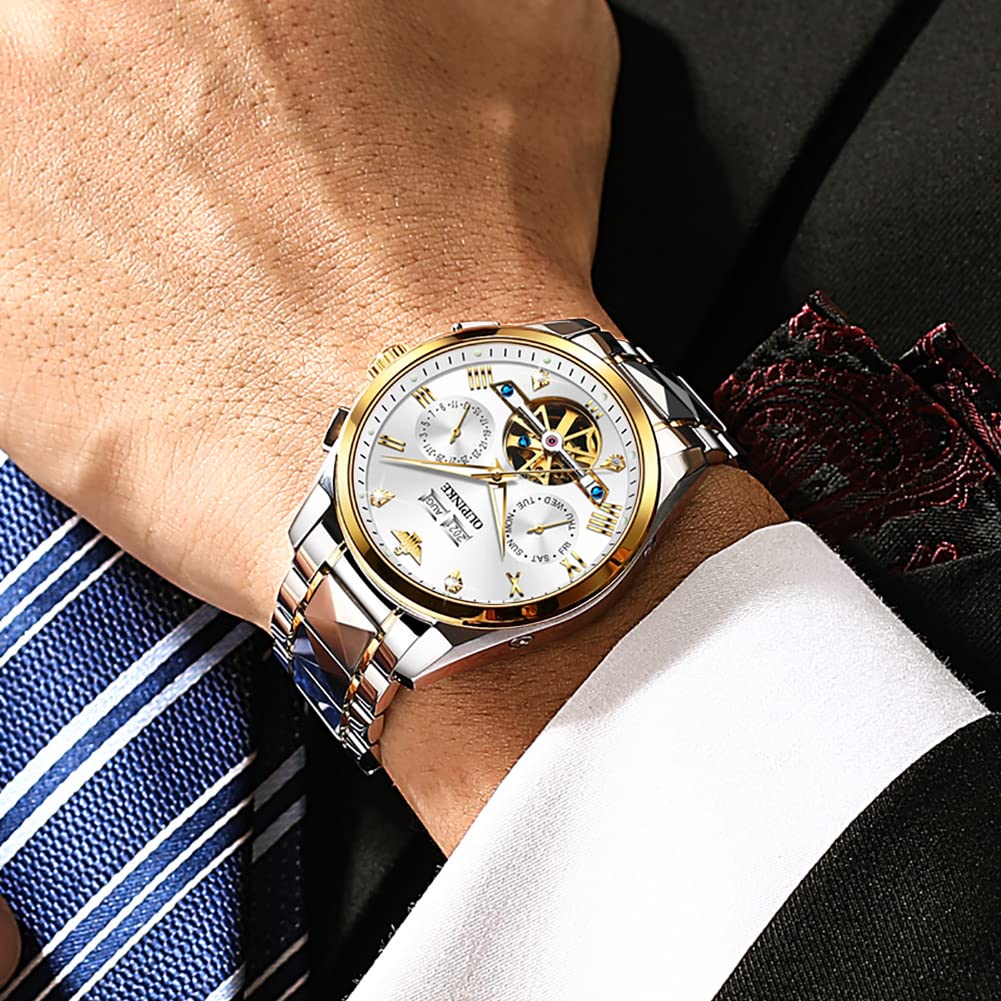 Luxury Men's Automatic Skeleton Watch with Diamond Accents - Self-Winding Mechanical Dress Watch - Sapphire Crystal & Tungsten Steel Band - Perfect for Business, Formal Events & Gift Giving