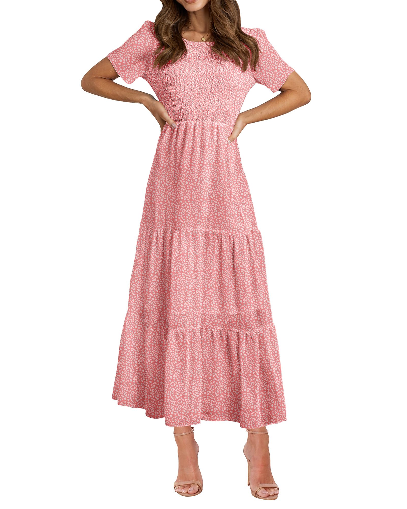 BTFBM Women's Bohemian Floral Print Short Sleeve Maxi Dress - Casual Summer Tiered Cocktail Dress with Crew Neck & Flowy Design | Perfect for Beach Vacations, Music Festivals & Date Nights