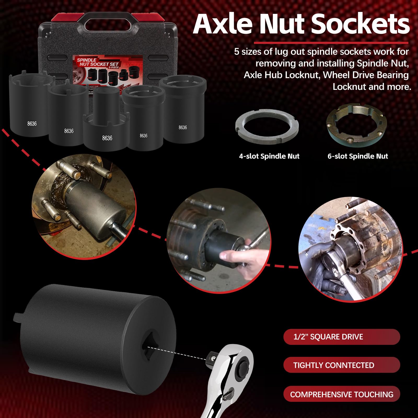5-Piece Spindle Nut Socket Tool Kit - 1/2