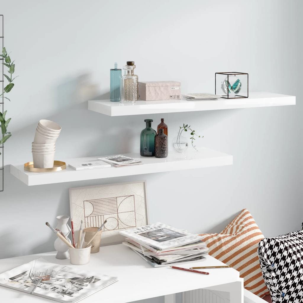 Floating Wall Shelves Set of 2 - Waterproof Bathroom Corner Shelf, Space Saving Wall Mounted Shower Shelf for Toiletries & Books - High Gloss White MDF (35.4