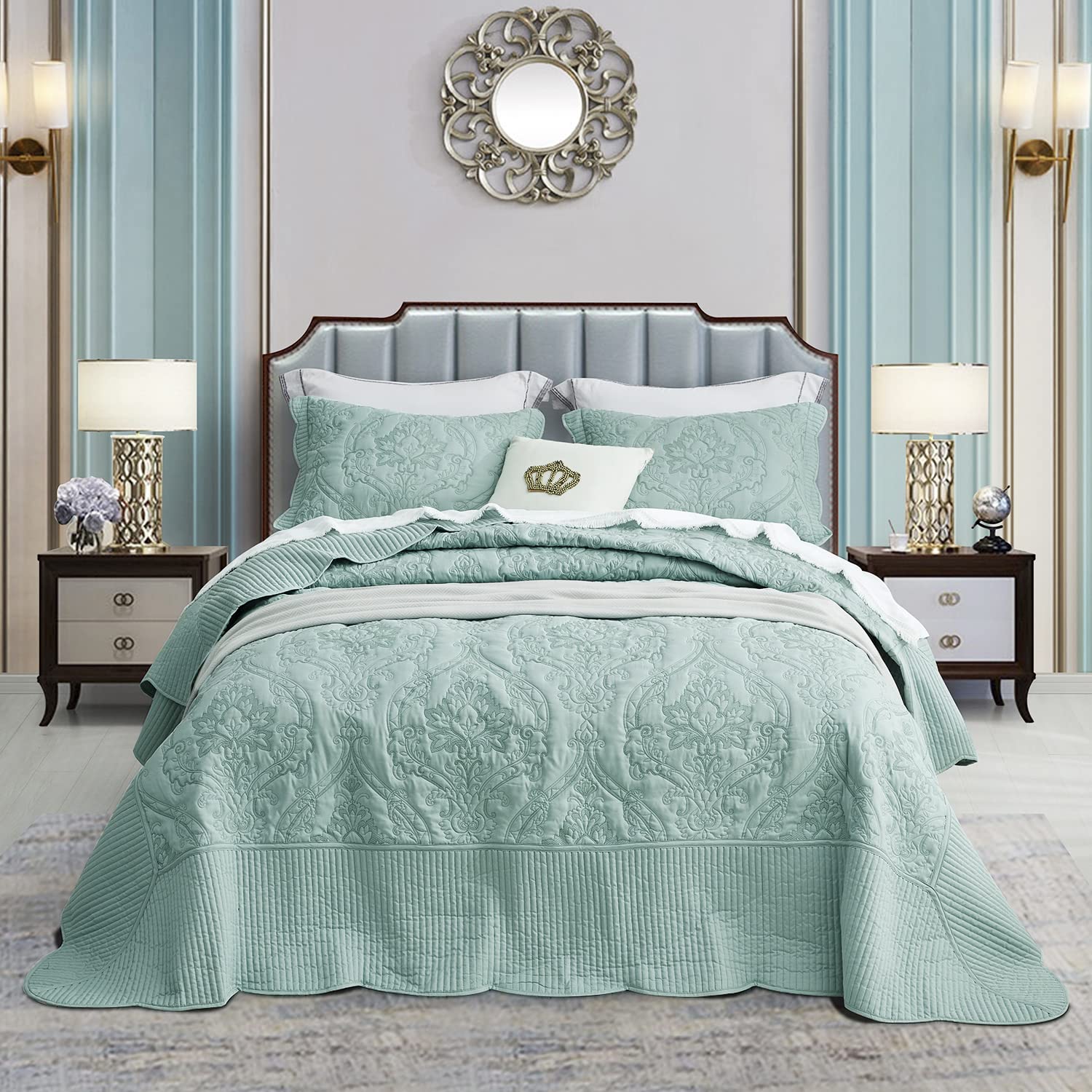 CHIXIN Full Size Lightweight Reversible 4-Piece Quilt Set - Elegant Damask Paisley Pattern Bedspread Coverlet with Beautiful Stitching (Seaglass) - Perfect for Guest Rooms, Master Bedrooms & Cozy Home Decor
