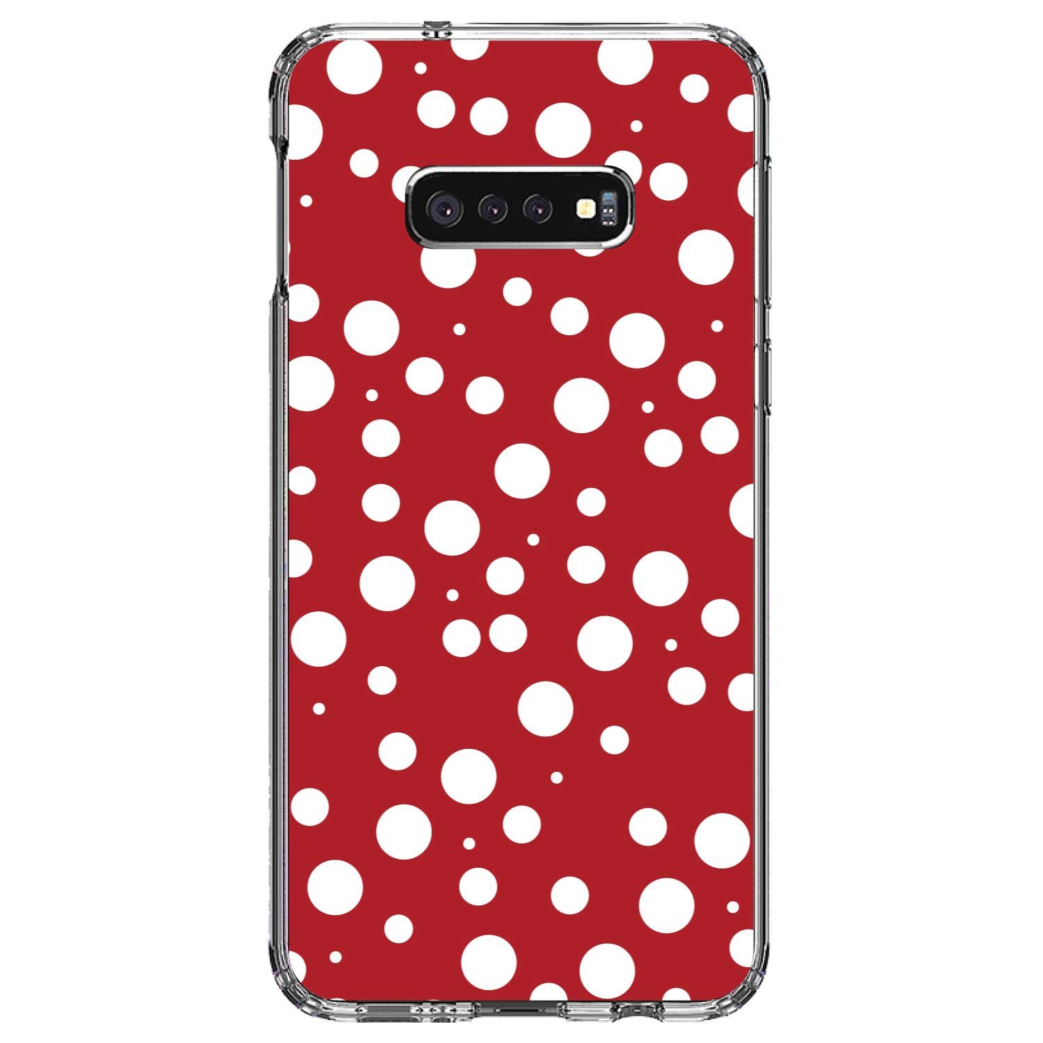 Shockproof Clear Hybrid Case for Samsung Galaxy S10e (5.8 Inch) - Durable TPU Bumper & Acrylic Back with Tempered Glass Screen Protector - Red White Polka Dot Design - Perfect for Everyday Protection & Style