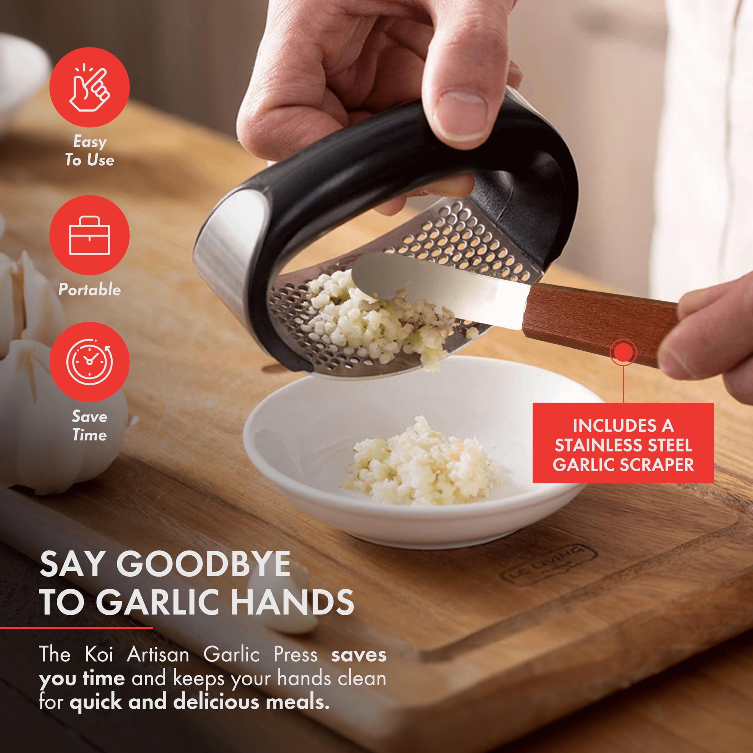 Premium Stainless Steel Garlic Press & Crusher with Ergonomic Wooden Handle - Easy Garlic Peeler for Cooking, Baking, and Meal Prep - Perfect for Home Chefs and Professional Kitchens