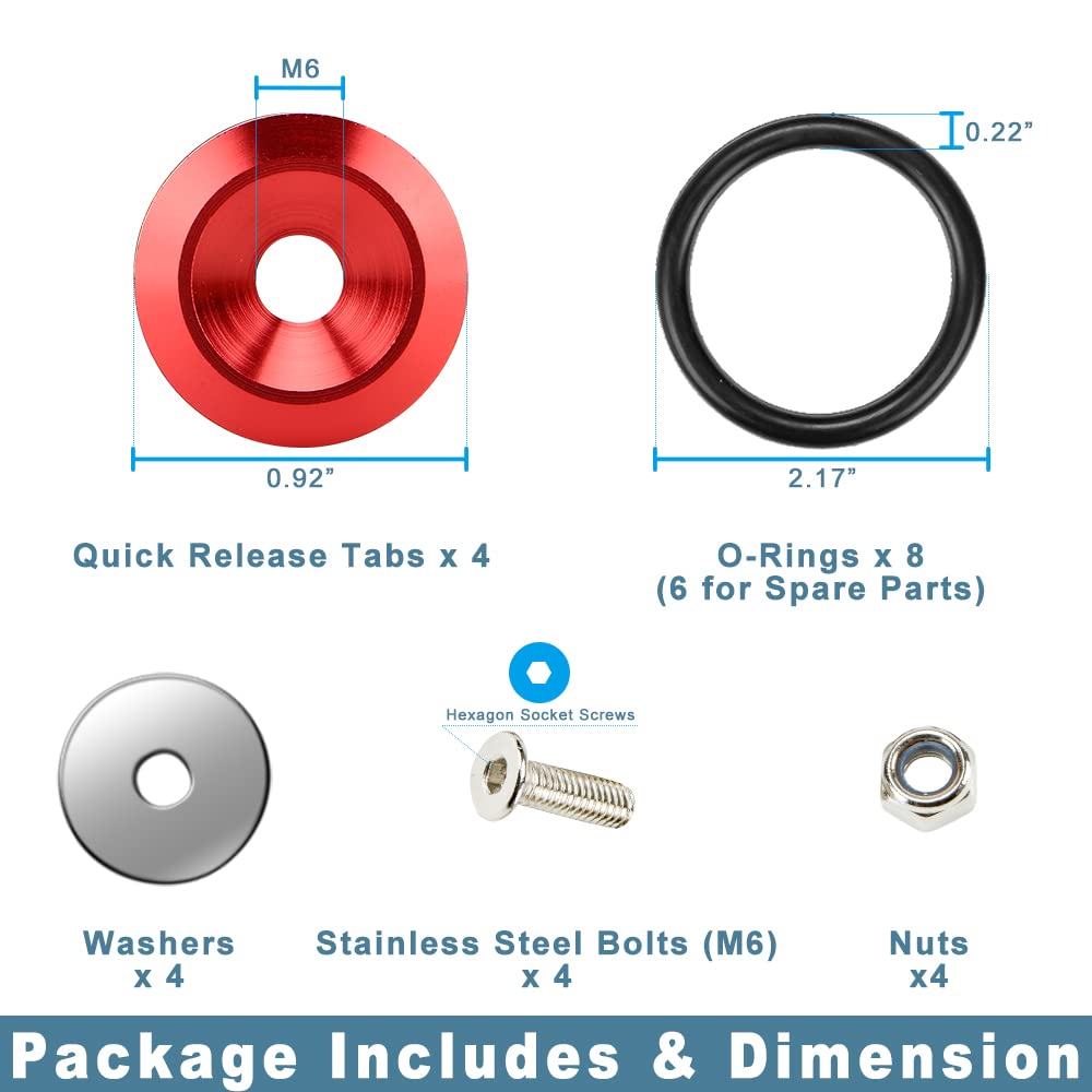 JDM Quick Release Bumper Fasteners Kit - 4 Piece Set with 8 O-Rings (Red) for Front & Rear Bumper - Perfect for Car Modifications, Drift Racing & Automotive Customization