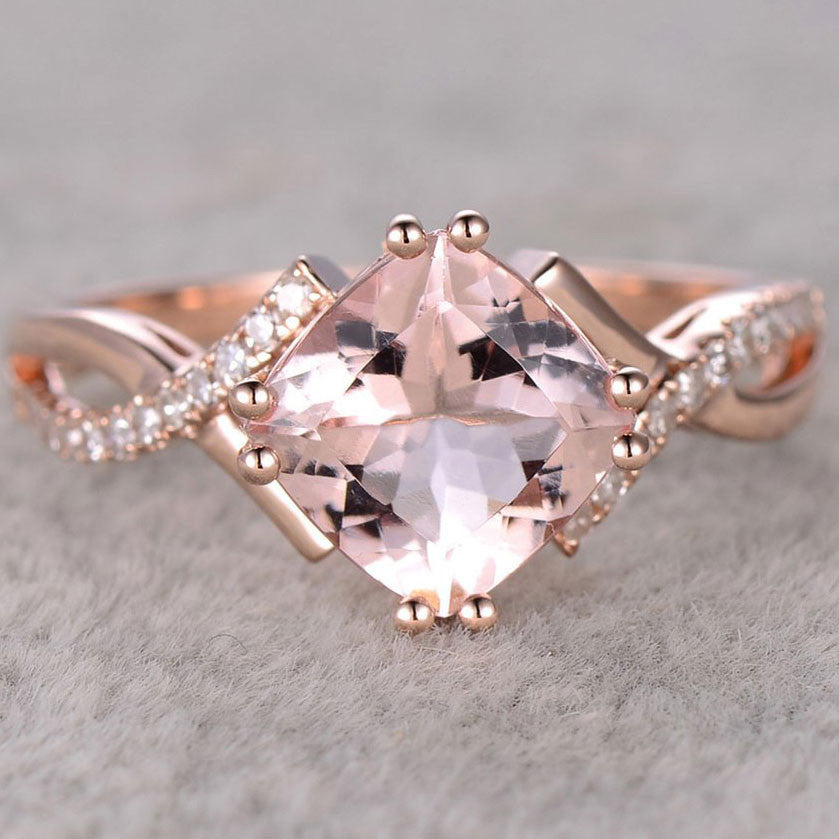 2.4 Carat Cushion Cut Morganite & Diamond Engagement Ring in 14k Rose Gold - Infinity Twisted Split Shank Design for Wedding, Proposal & Anniversary Gifts - Perfect for Bridal Jewelry & Special Occasions