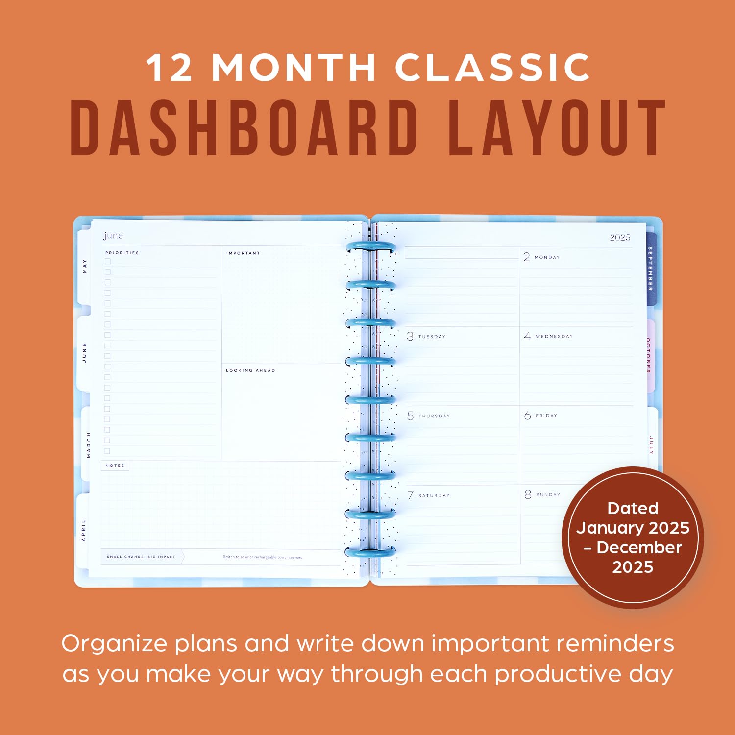 Happy Planner Sustainable Disc-Bound 12-Month Planner 2025 - Daily, Weekly & Monthly Layout, Classic Size (7