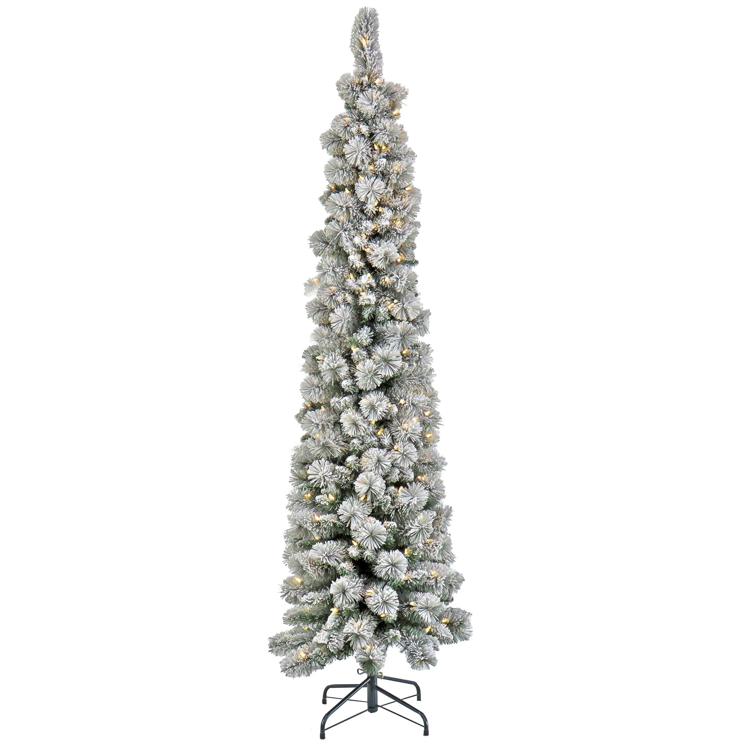 7 ft. Pre-Lit Snowy Methow Pencil Slim Christmas Tree with 300 Warm White LED Lights - Perfect for Small Spaces, Apartments & Holiday Decor