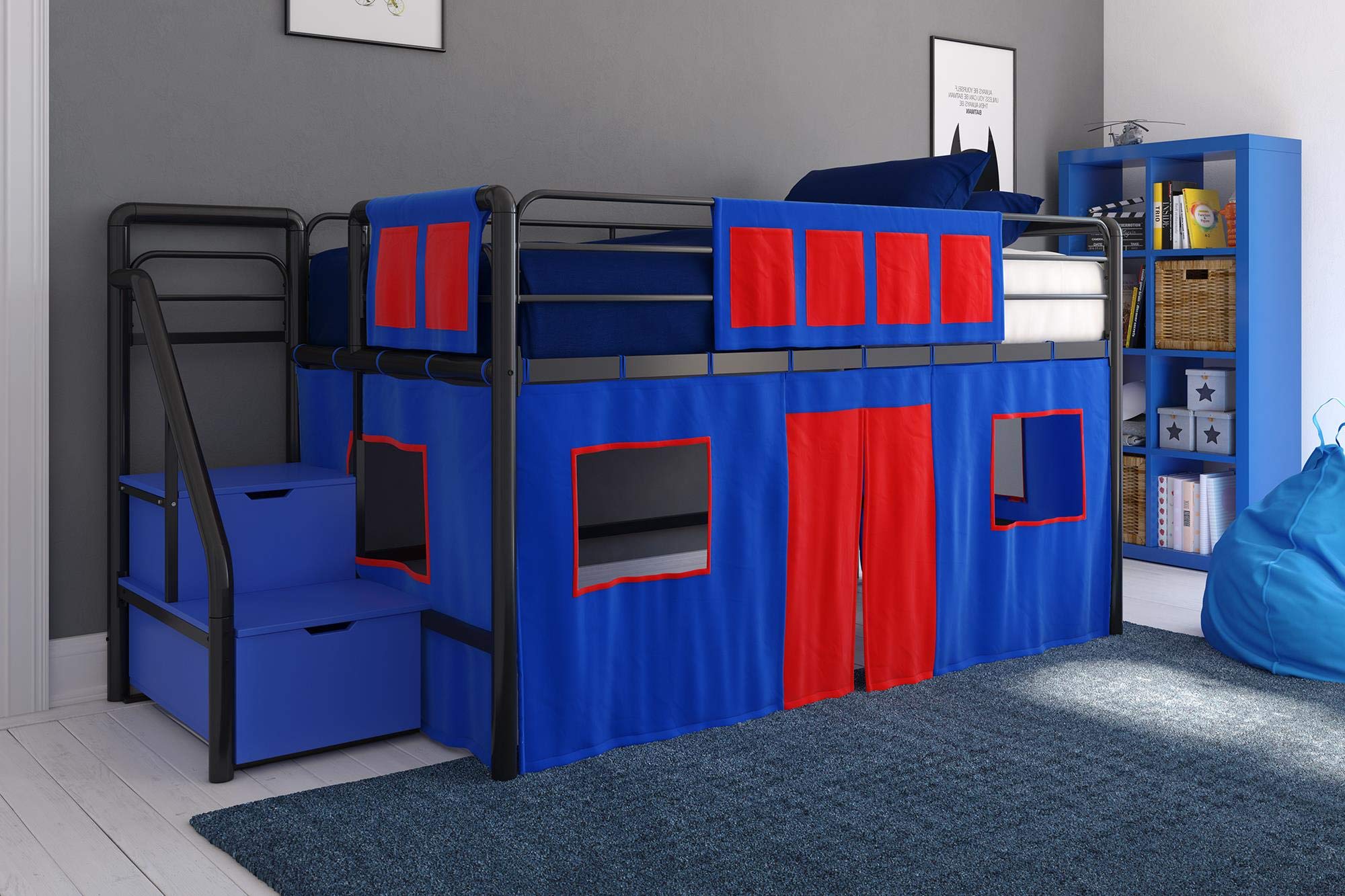 DHP Kids Loft Bed Curtain Set - Washable & Removable Blue & Red Bed Canopy for Privacy & Play - Perfect for Bedrooms, Playrooms & Sleepovers