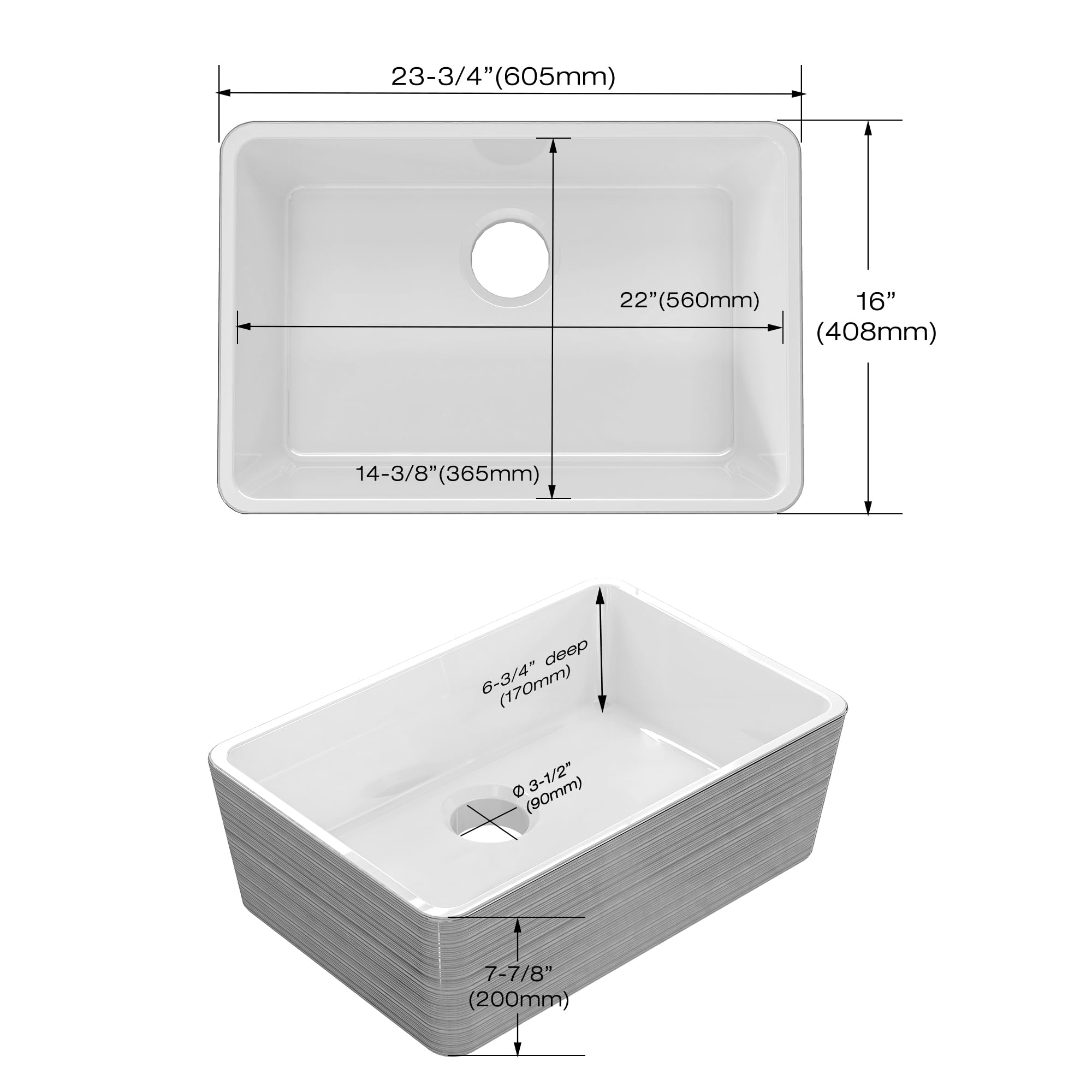 24-Inch Small Farmhouse Ceramic Kitchen Sink with Strainer & Bottom Grids - Elegant Silver Stripes Design for Modern Kitchens | Perfect for Washing Dishes, Food Prep & Laundry Tasks