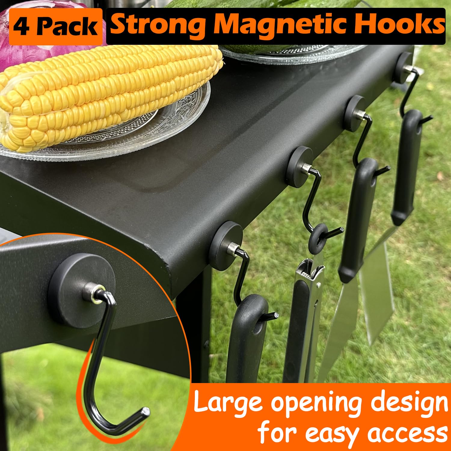 **Heavy Duty Magnetic Grill Hooks - 4 Pack Strong BBQ Tool Hangers for Utensils, Refrigerator, Toolbox & Locker - Perfect for Kitchen, Office & Outdoor Cooking**
