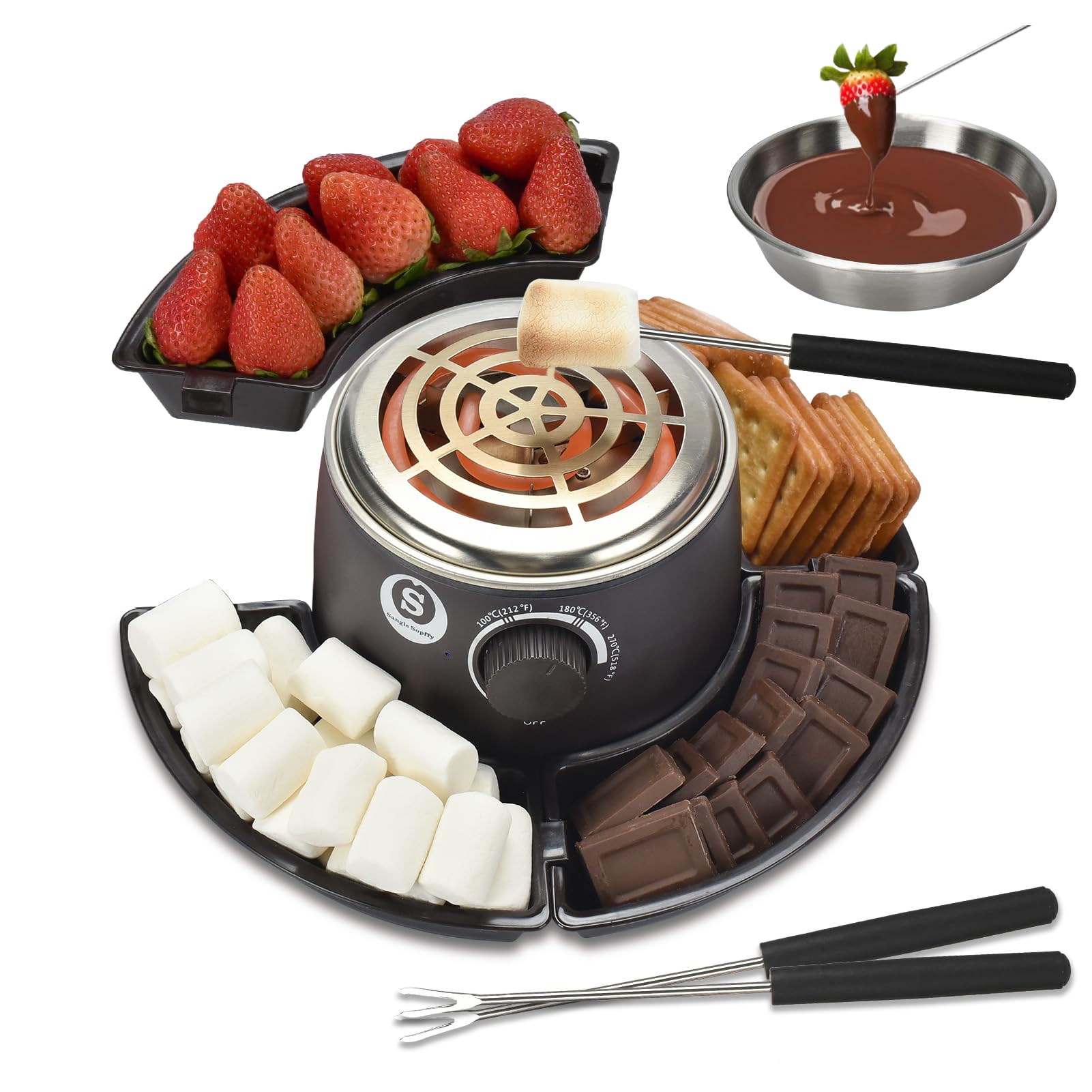 SANLE SOPFFY 2-in-1 Electric S'mores Maker & Fondue Pot Set - Indoor Flameless Temperature-Controlled Heater with 4 Roasting Forks - Perfect for Family Gatherings, Christmas Gifts & Cozy Winter Nights