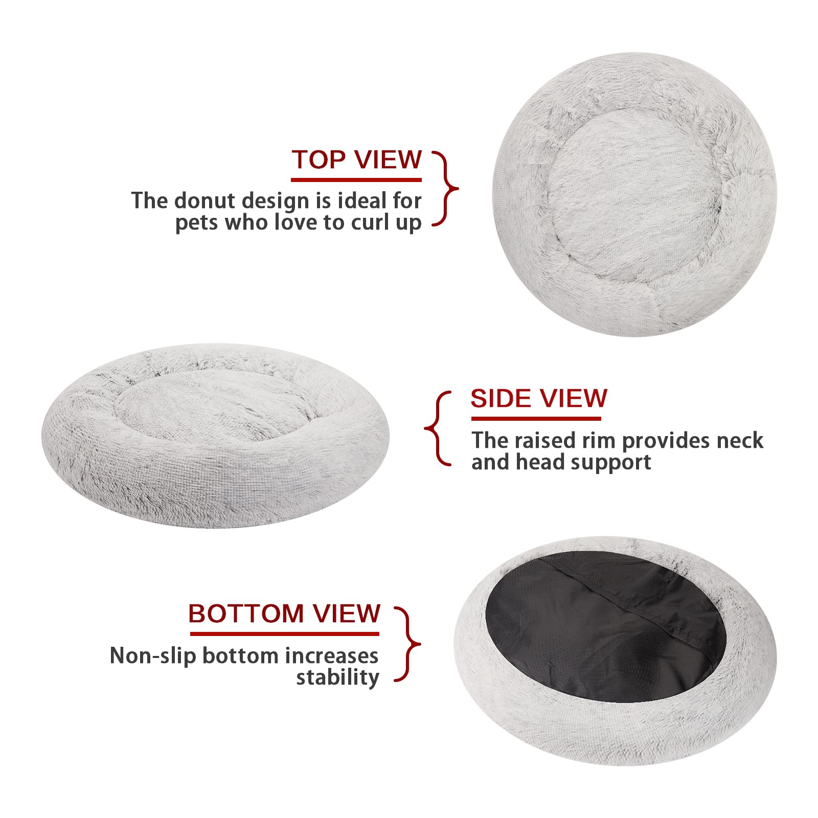 Calming Donut Dog Bed for Extra Large Dogs - 45 Inch Round Plush Anti-Anxiety Pet Bed with Non-Slip Bottom, Washable & Fluffy - Light Grey XL | Perfect for Crate Training, Anxiety Relief & Cozy Napping