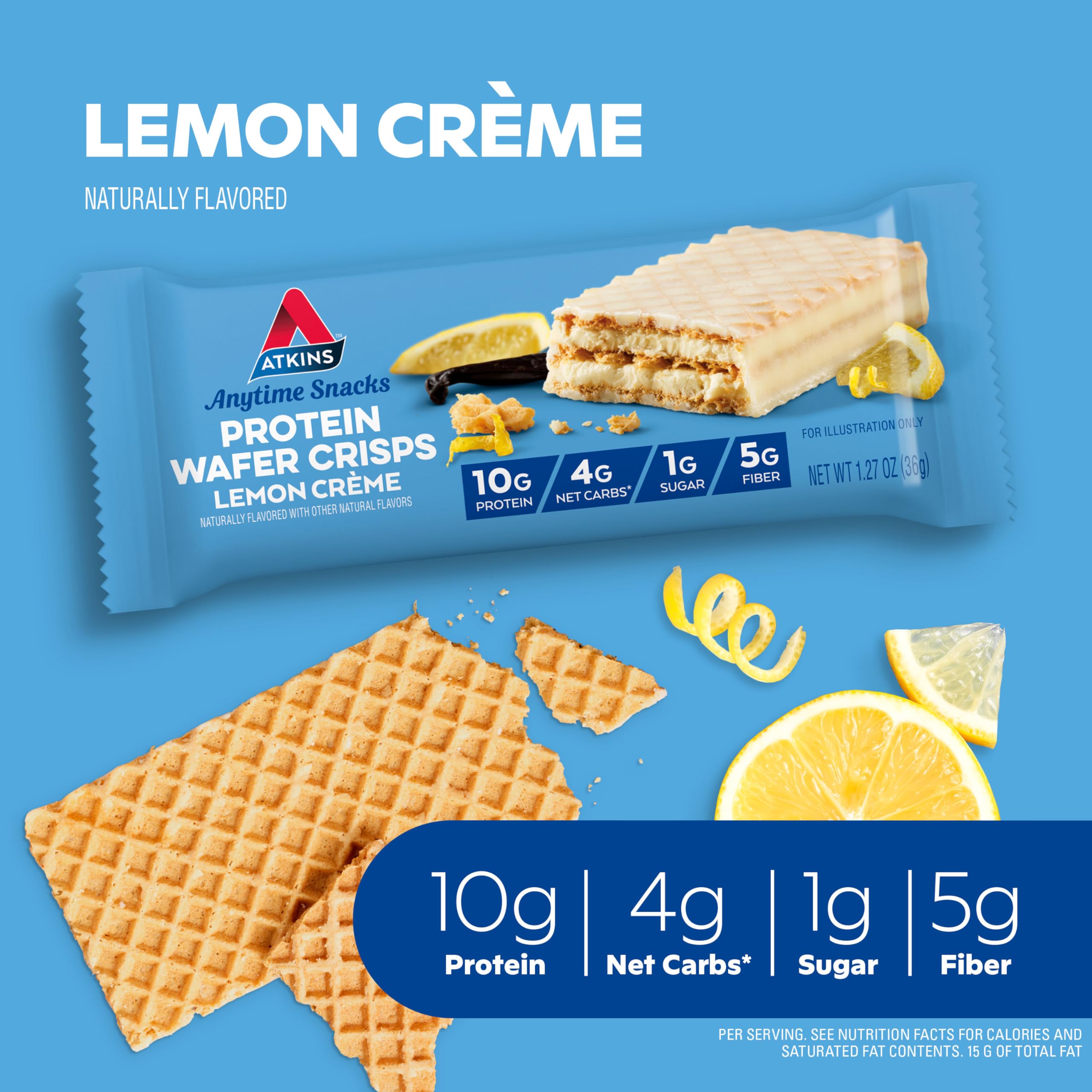 Atkins Lemon Wafer Crisps - High Protein Low Carb Keto Snack (5 Count) | 10g Protein, 4g Net Carbs, 1g Sugar | Perfect for Weight Loss, Keto Diet & On-the-Go Energy