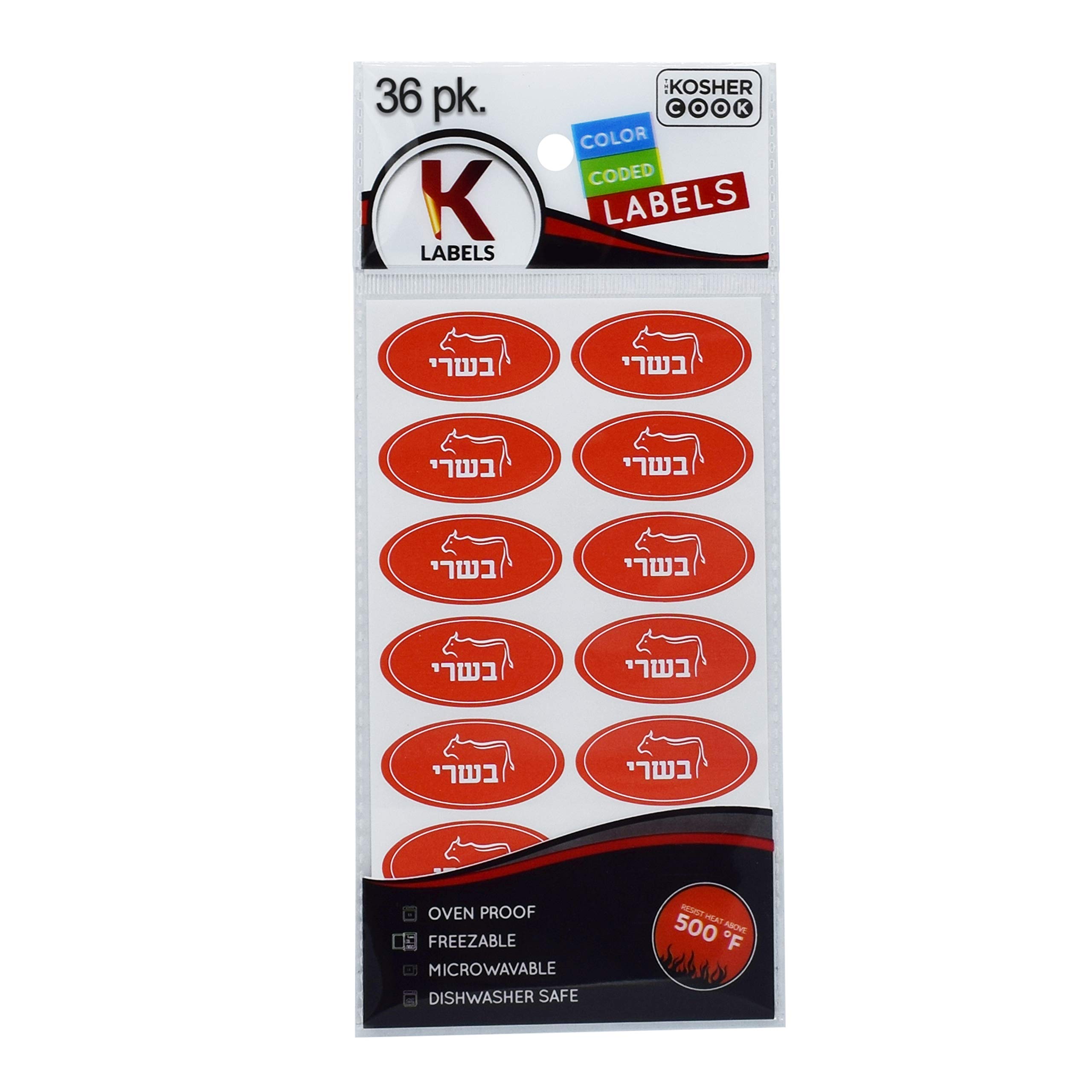 36 Kosher Meat Labels - Oven Safe up to 500°F, Freezer & Microwave Safe, Dishwasher Proof, Hebrew Lettering, Color-Coded Kitchen Stickers for Food Storage & Meal Prep by The Kosher Cook - Perfect for Kosher Kitchens, Meal Organization & Pantry Labeling