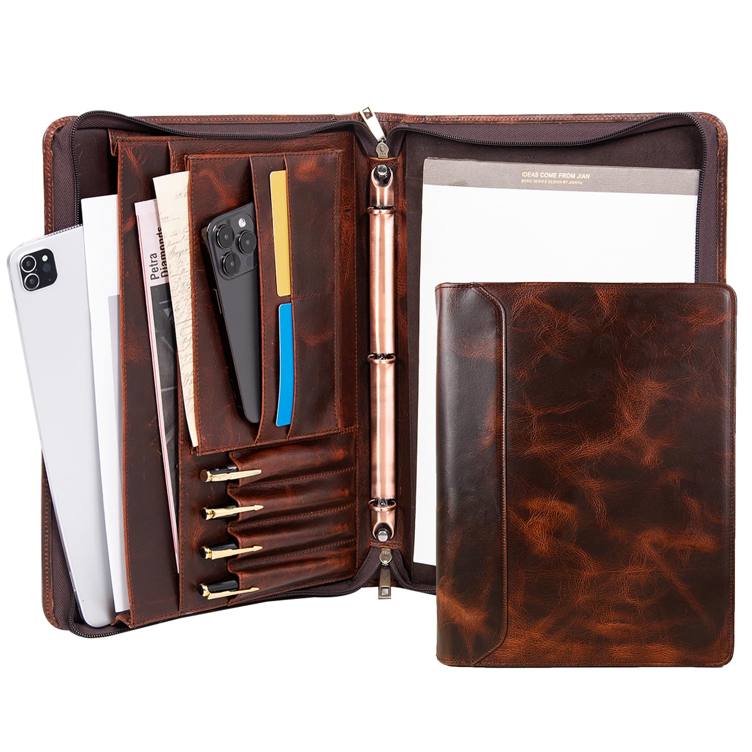 Premium Leather Portfolio with Zipper - Professional 3-Ring Binder Resume Organizer & A4 Notebook Holder - Business Document Folder Fits 13.3