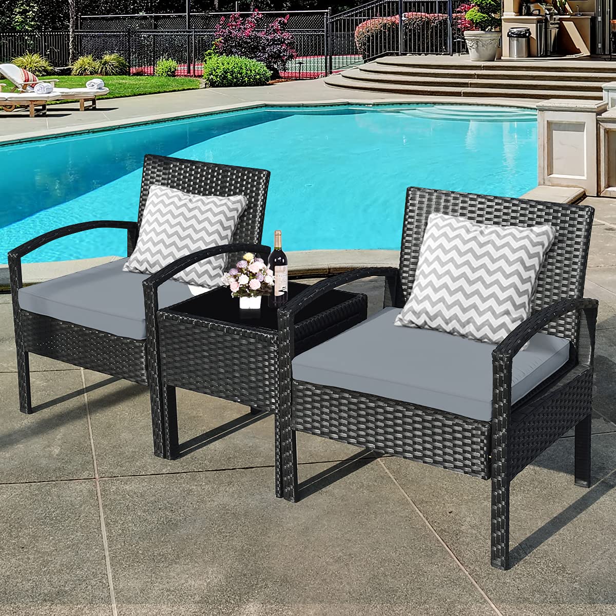 Tangkula 3-Piece Outdoor Patio Furniture Set - Grey Rattan Sofa with Cushions & Coffee Table - Weather-Resistant Wicker Conversation Set for Garden, Balcony, Backyard, Poolside (Perfect for Relaxing, Entertaining Guests & Outdoor Dining)