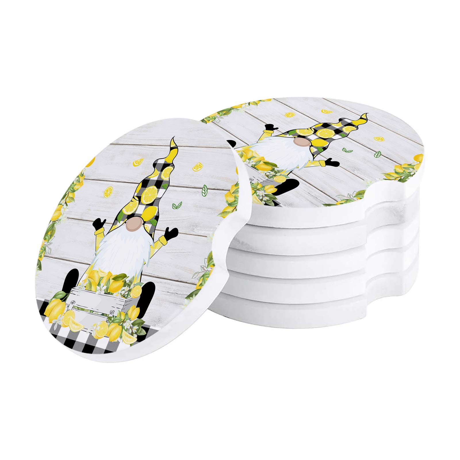 Absorbent Car Coasters for Drinks - Pack of 2/4/6, Summer Lemon Funny Gnome Buffalo Ceramic Stone Cup Holder - 2.56 Inch Non-Slip Drink Coasters Set for Car, Truck & Vehicle Interior Accessories - Perfect for Road Trips, Commuting & Daily Use