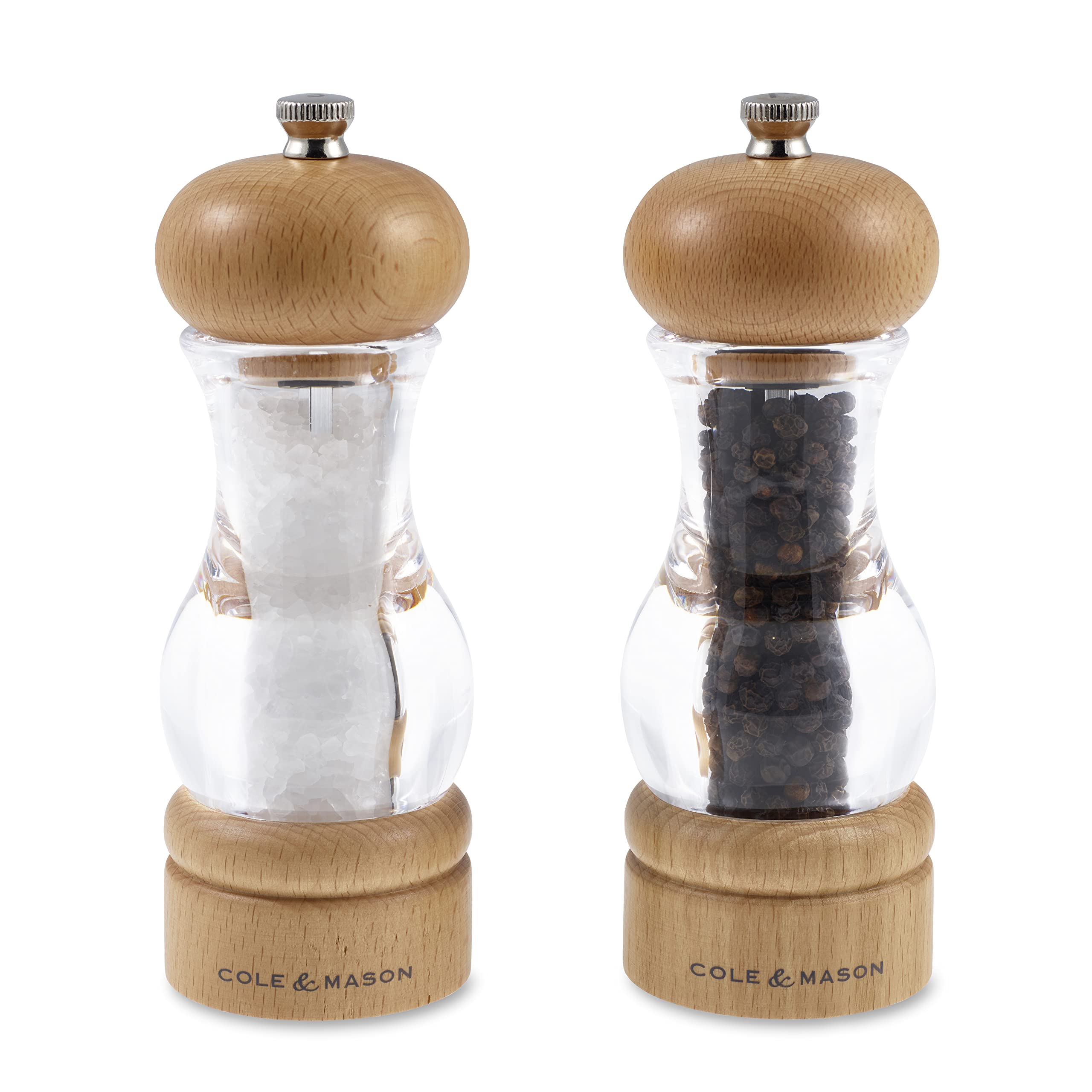 Cole & Mason 105 Premium Salt and Pepper Grinder Set - Adjustable Precision+ Grind Mechanism, Beech Wood & Acrylic Design, 165mm Height - Perfect for Kitchen, Dining Table & Gourmet Cooking Gifts