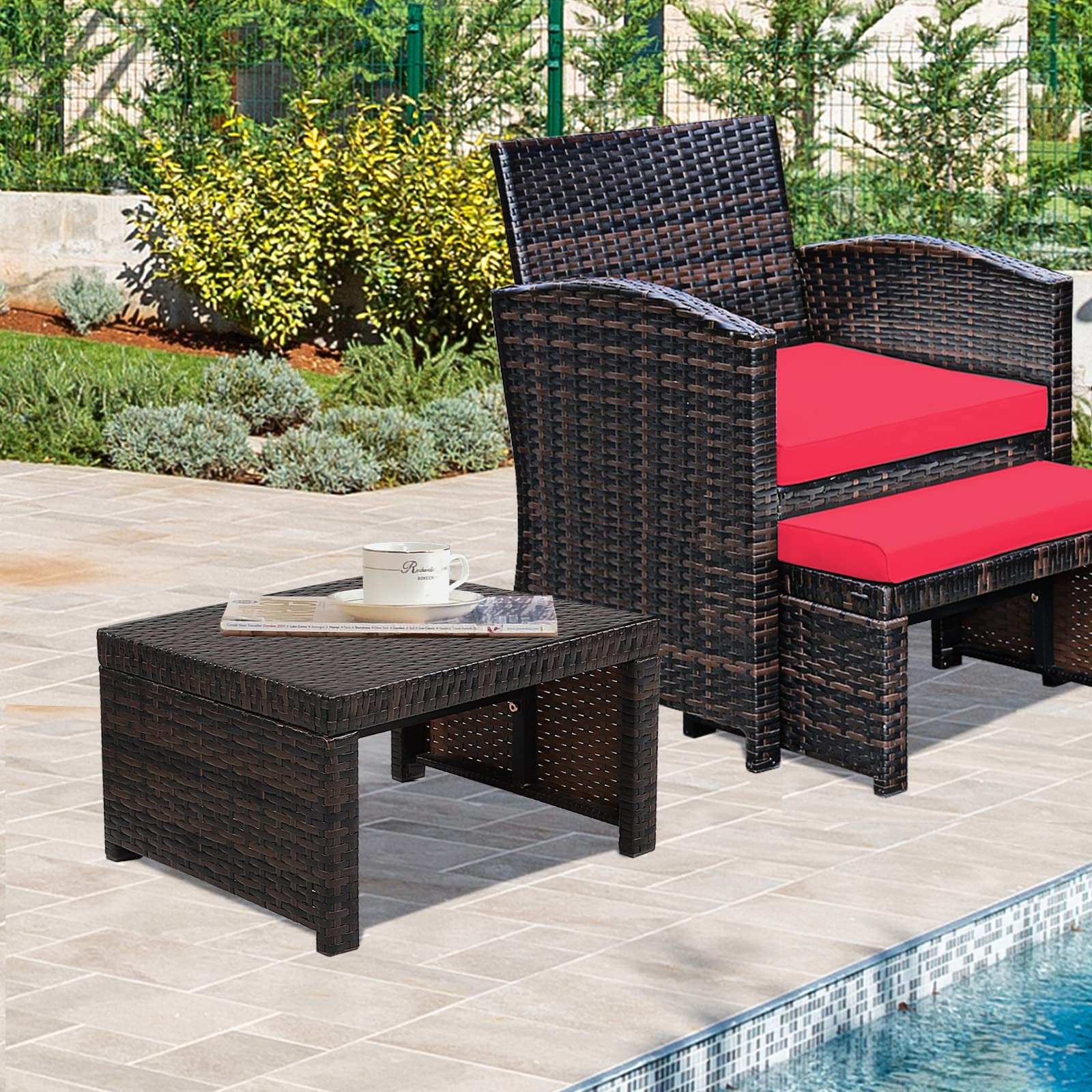 HAPPYGRILL 2-Piece Outdoor Wicker Ottomans with Cushions - Patio Rattan Footstool, Solid Steel Frame - Multifunctional Ottoman Set for Poolside, Backyard, Balcony & Garden Relaxation