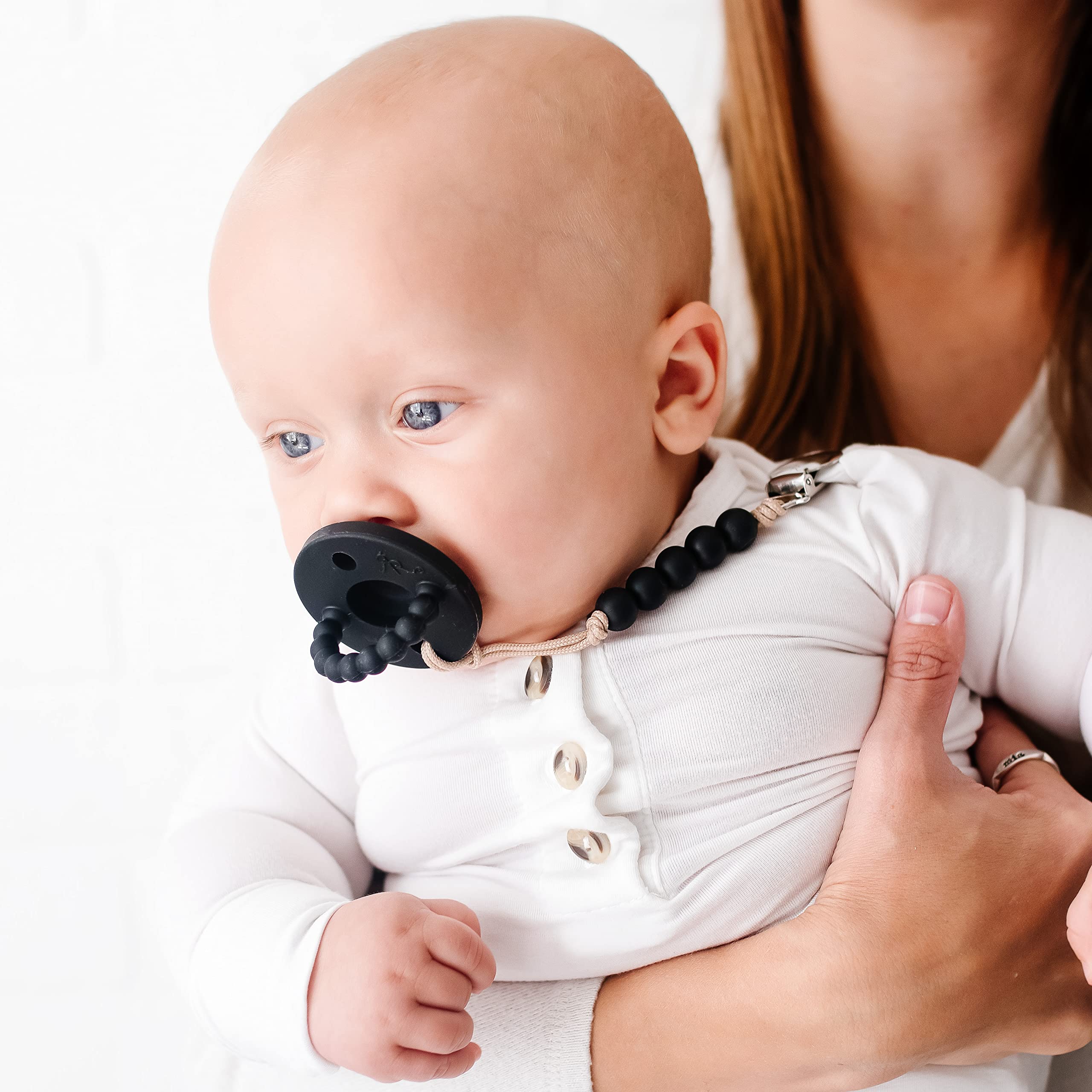 Ryan & Rose Cutie PAT Pacifier Teether - Flat Black Baby Pacifier for Newborns & Infants - Soothing Teething Relief for Babies - Perfect for Daycare, Travel & Sleep