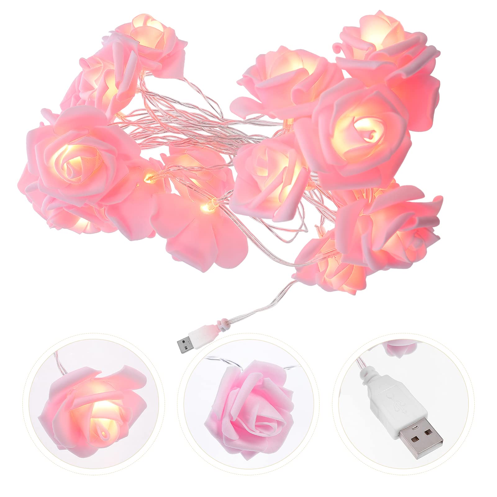 VOSAREA 20 LED Rose String Lights 3m USB - Pink for Wedding Party Decor