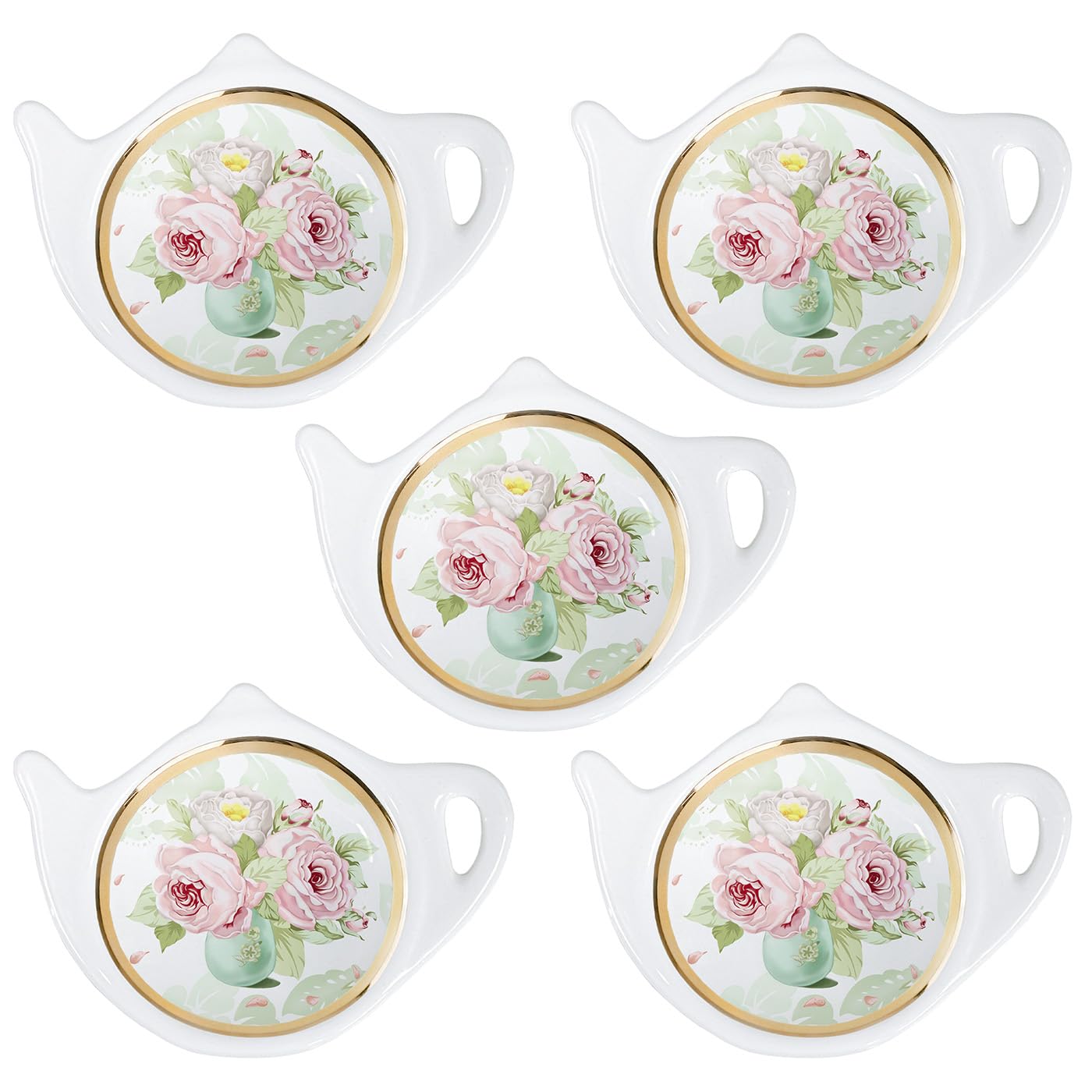 Floral Tea Bag Holder with Golden Trim - Porcelain Teapot-Shaped Coaster & Saucer Set of 5 (4 Inch/10cm) - Perfect for Afternoon Tea, Kitchen Decor, and Gift Giving