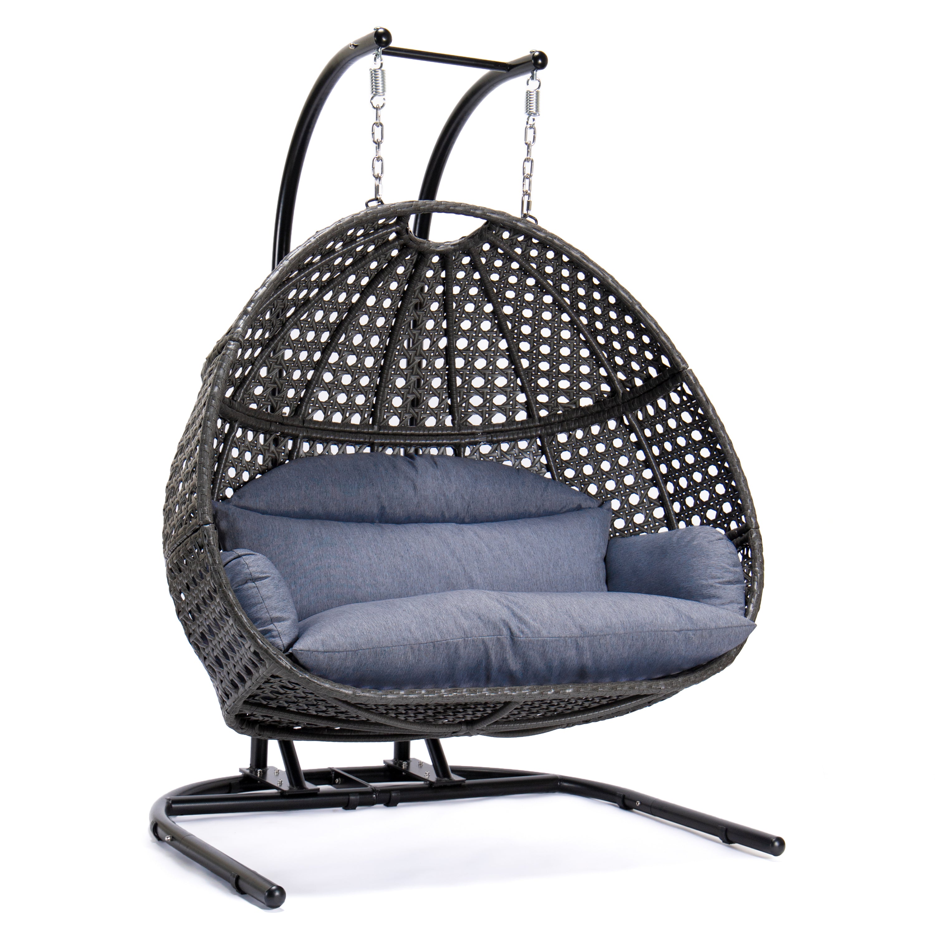 Outdoor Charcoal Wicker Hanging Double Seat Swing Chair with Stand & Dust Blue Cushion - Perfect for Patio, Garden, Backyard Relaxation